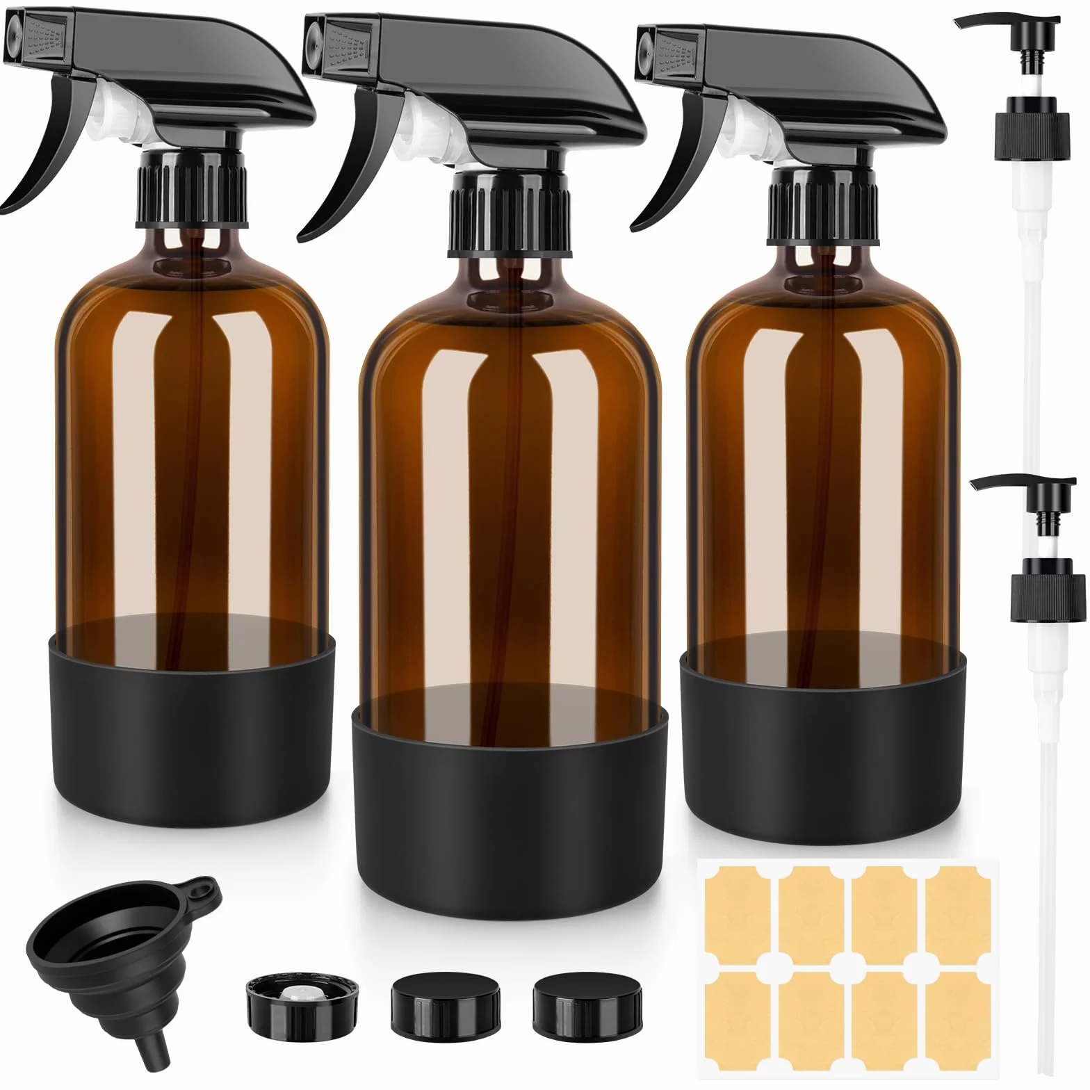 Botellas de spray de vidrio ámbar 500 ml, paquete de 3, recargables para limpieza y aceites esenciales