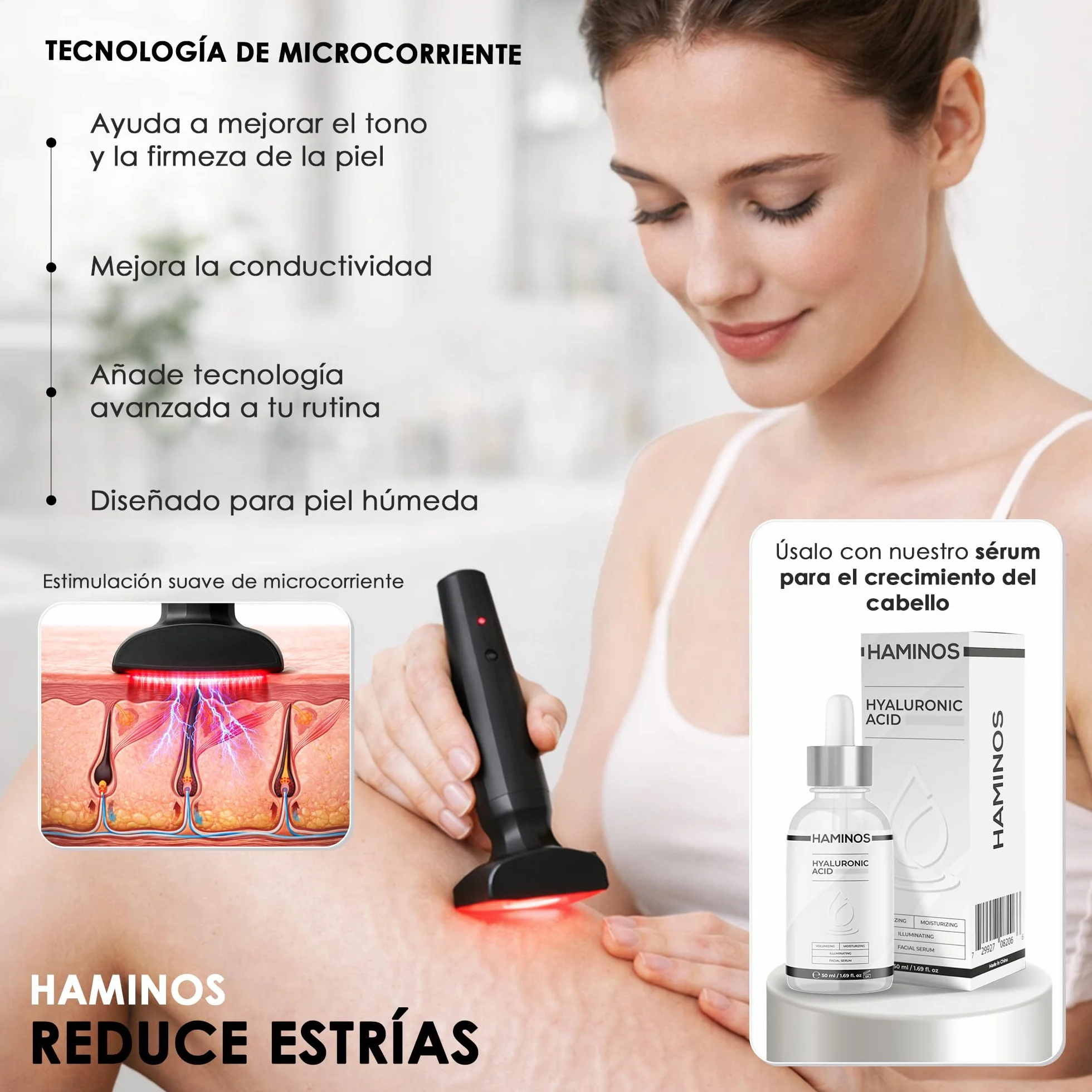 HAMINOS Derma Stamp 0,25 mm Microneedling 4 en 1 para Cuero Cabelludo, Luz Roja, Microcorriente, Vibración, Recargable USB-C