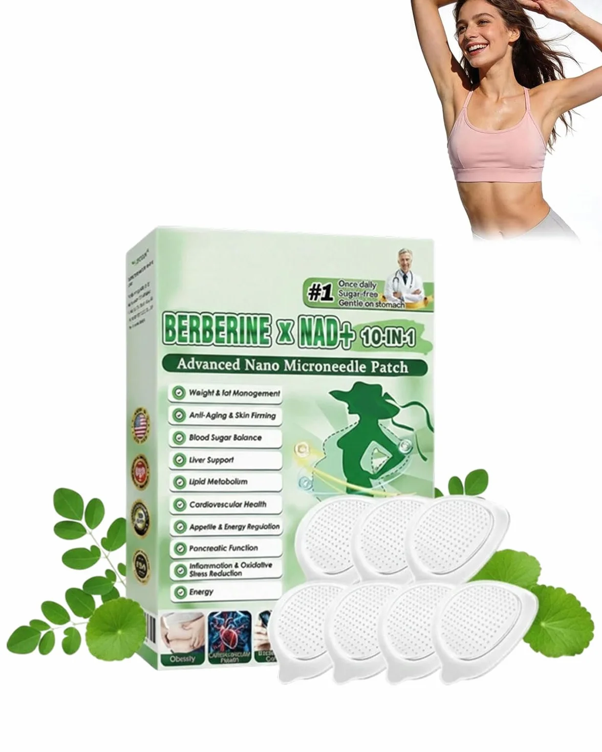 Parches adelgazantes Moringa 10 en 1, parche avanzado de microagujas, berberina para adelgazar