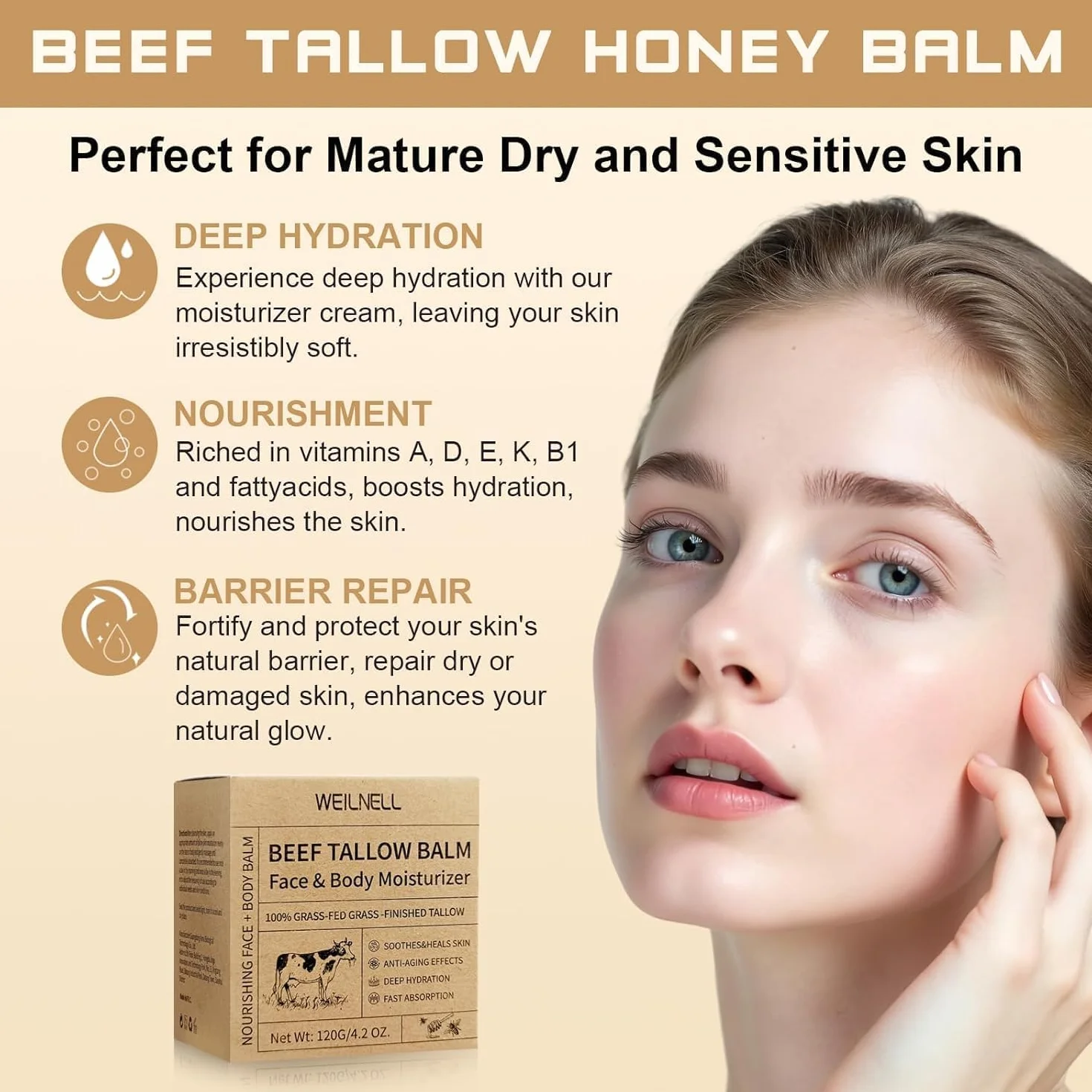Beef Tallow Crema 120g, Sebo de Res para la Piel, 100% Natural, Hidratación Profunda, Absorción Rápida