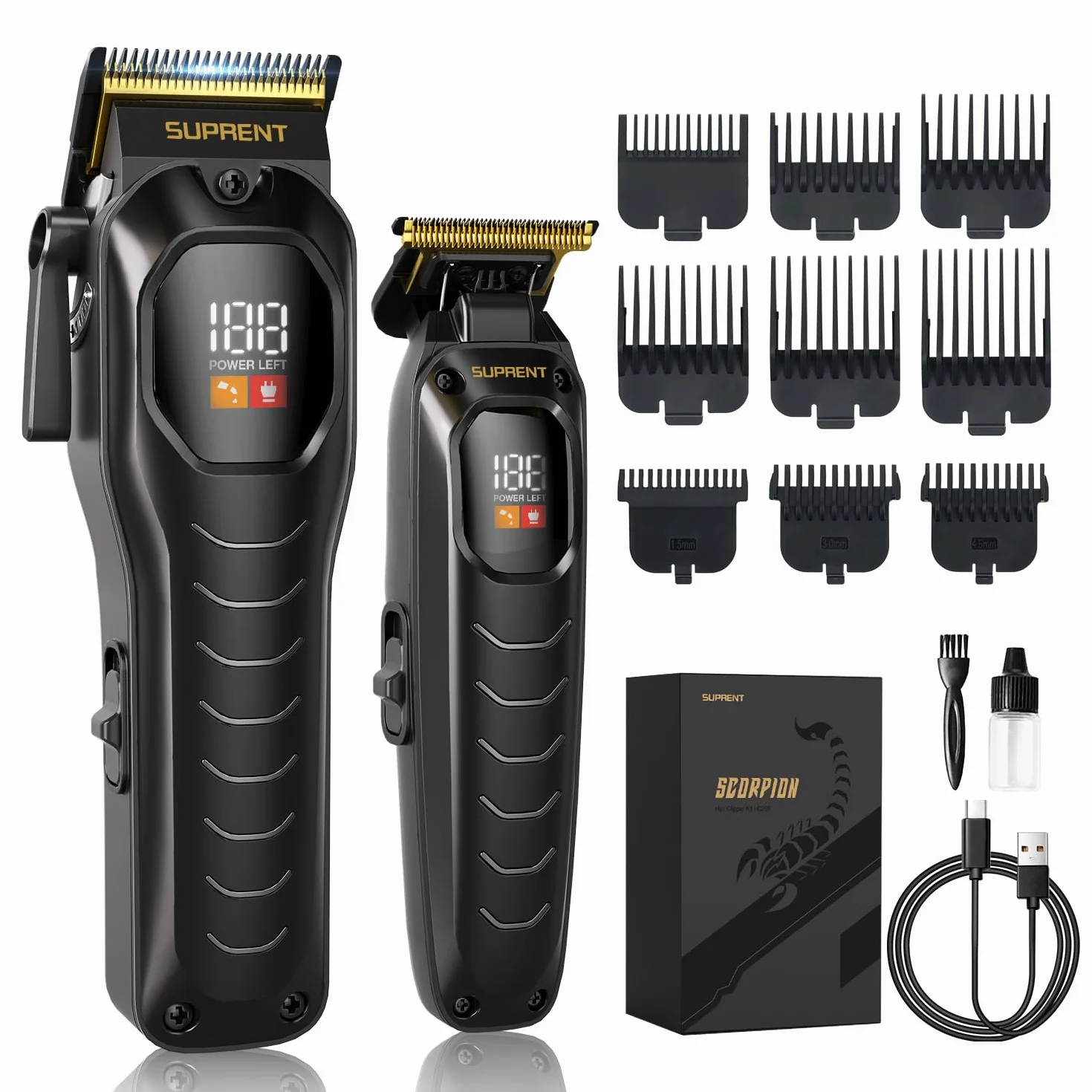 SUPRENT Maquina De Cortar Pelo Hombre Profesional, 9 Peines Guía, Cortapelos Hombre LED, Kit Corte Pelo Motor Alto Rendimiento Negro