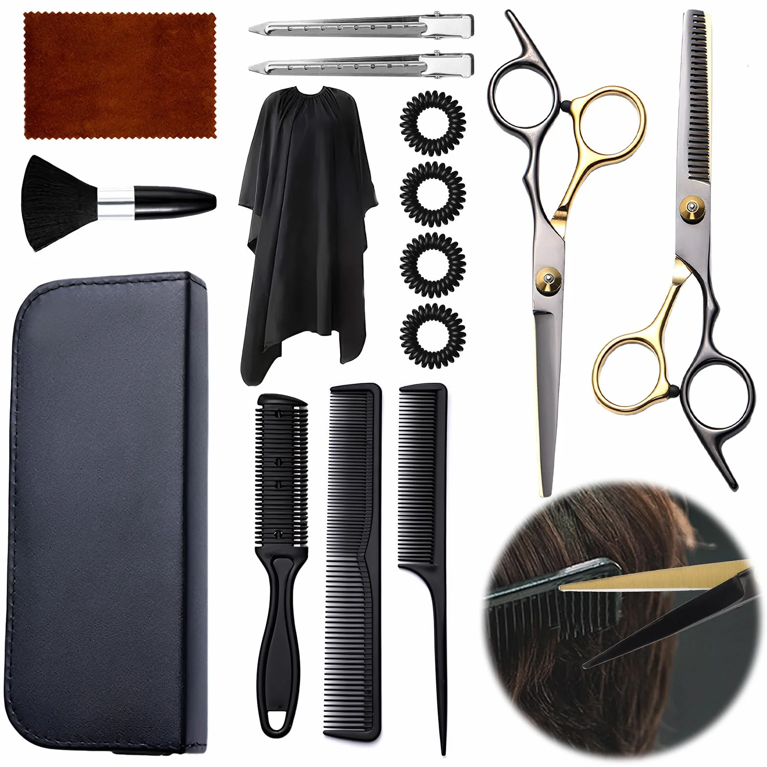Profesional Kit Tijeras Peluqueria Canina 15 Piezas Acero Inoxidable Oro Negro