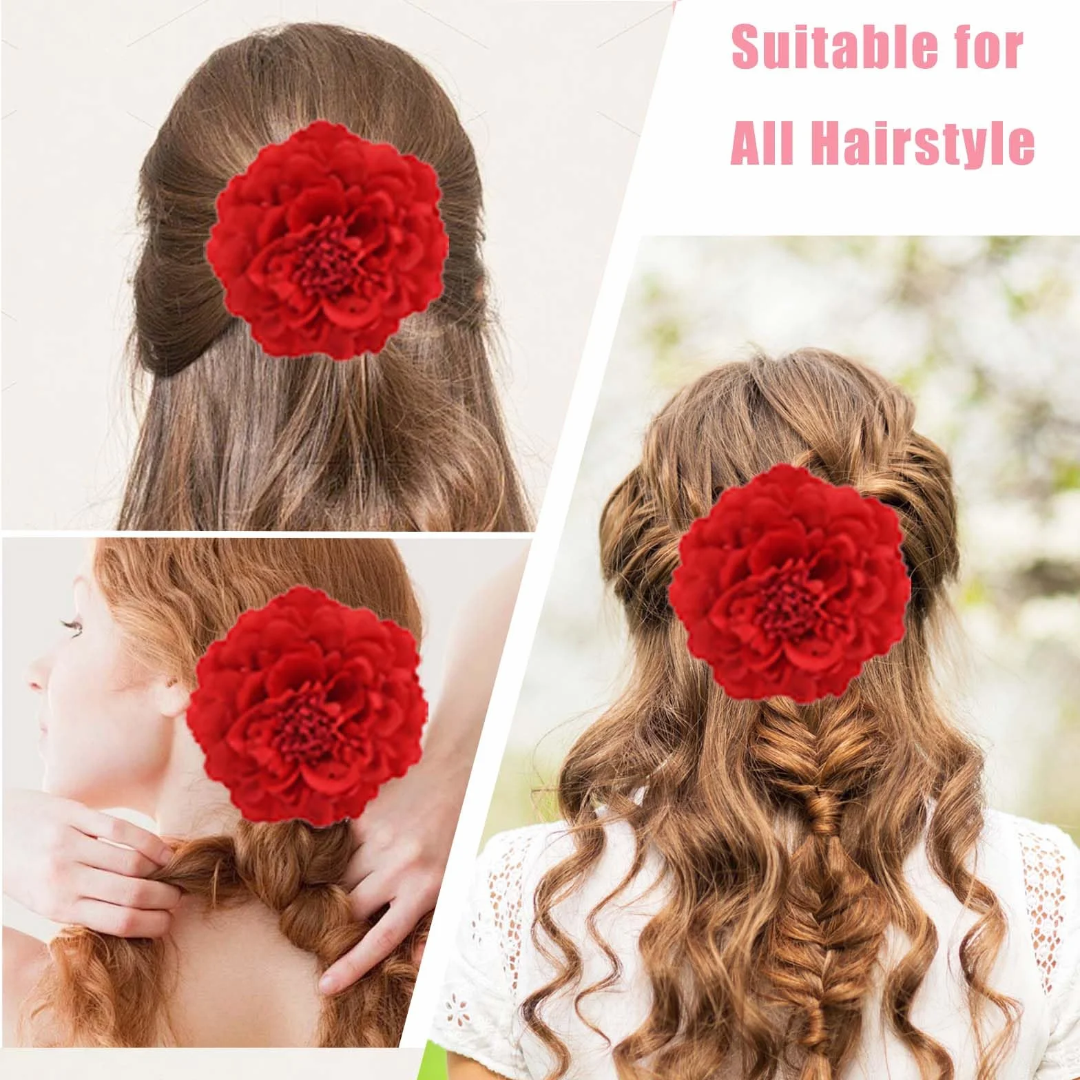Clips de Pelo Flor Rojo Flamenca, Flores Sevillana Pinza Accesorios, Horquillas Peonía Clavel Mujer