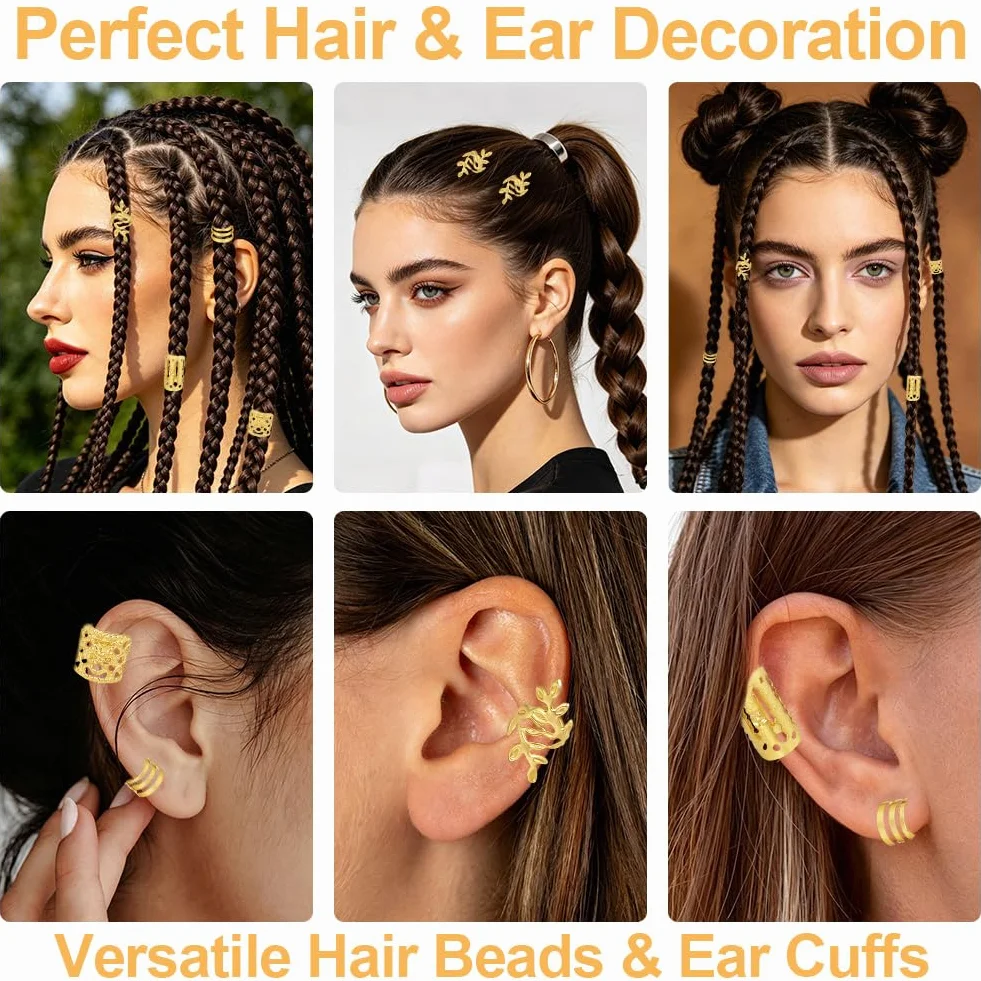Joyería del Pelo 80 Pcs Accesorios para Rastas Trenzado Peinado (Oro)