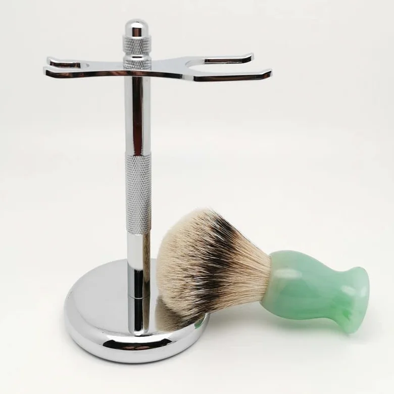 Soporte de maquinilla de afeitar práctico de acero inoxidable para hombre, soporte para cepillo de afeitar de pelo de tejón plateado masculino, juego de afeitado perfecto de moda