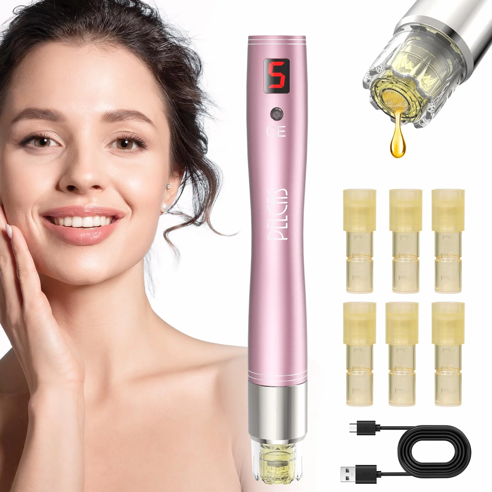 PELCAS Dermapen Aplicador Automático de Suero 5 Niveles Profesional con 6 Cartuchos Oro Rosa