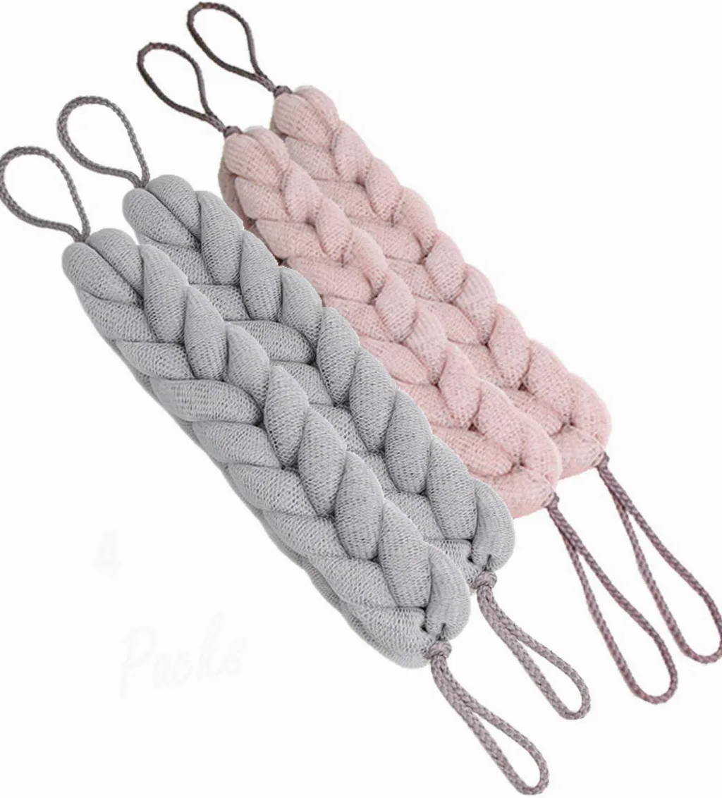 AARainbow 4 paquetes de esponjas largas elásticas con asas de cuerda, esponja de malla exfoliante corporal para hombres y mujeres (2 grises + 2 rosas de loto)