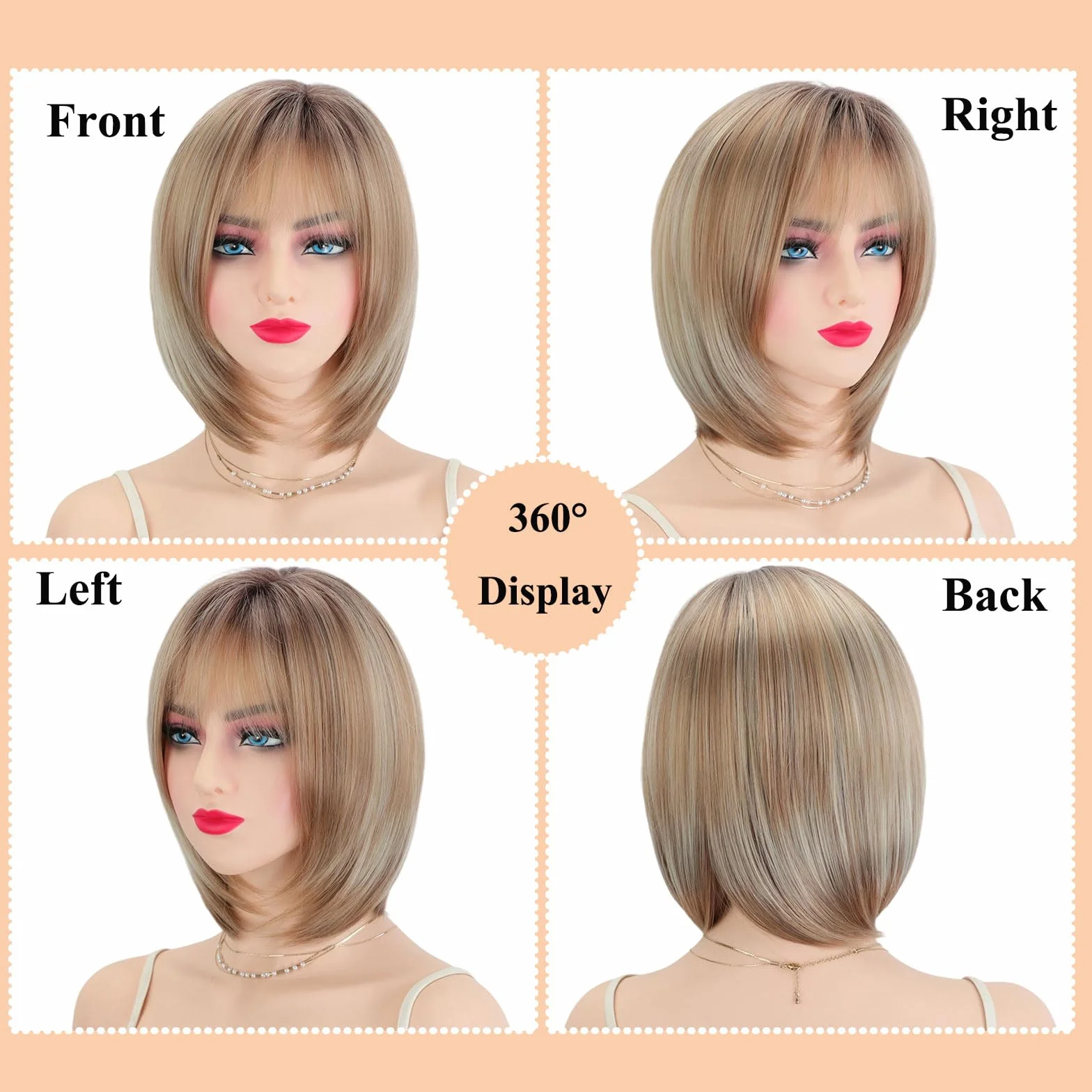 Peluca Bob Capas Sin Pegamento con Flequillo Pelo Natural para Mujer Cubre Canas