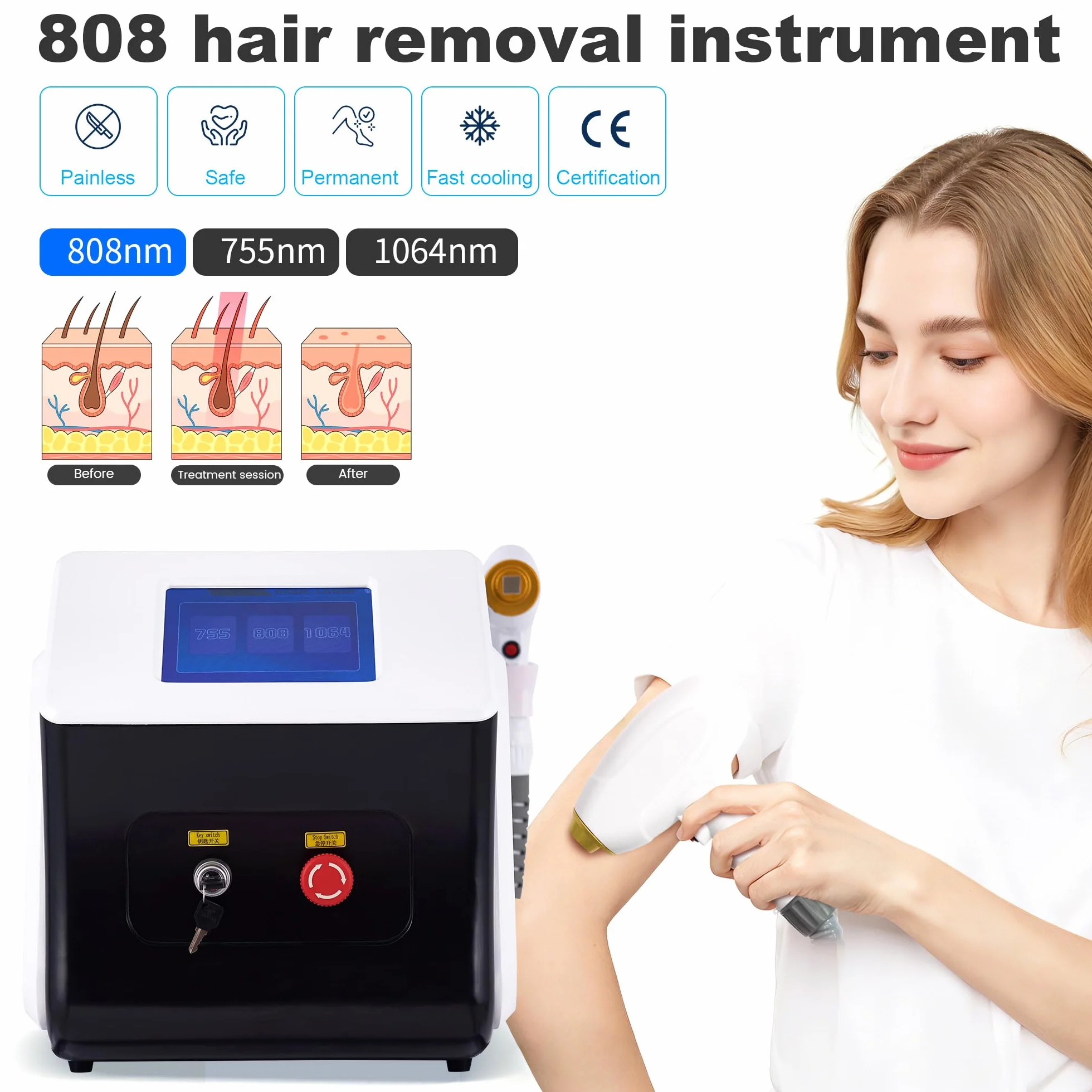 Depilación láser de diodo de 808 nm con 3 longitudes de onda | Piel suave, apto para rostro y cuerpo, 3 piezas de mano intercambiables, ideal para el hogar y salones de belleza
