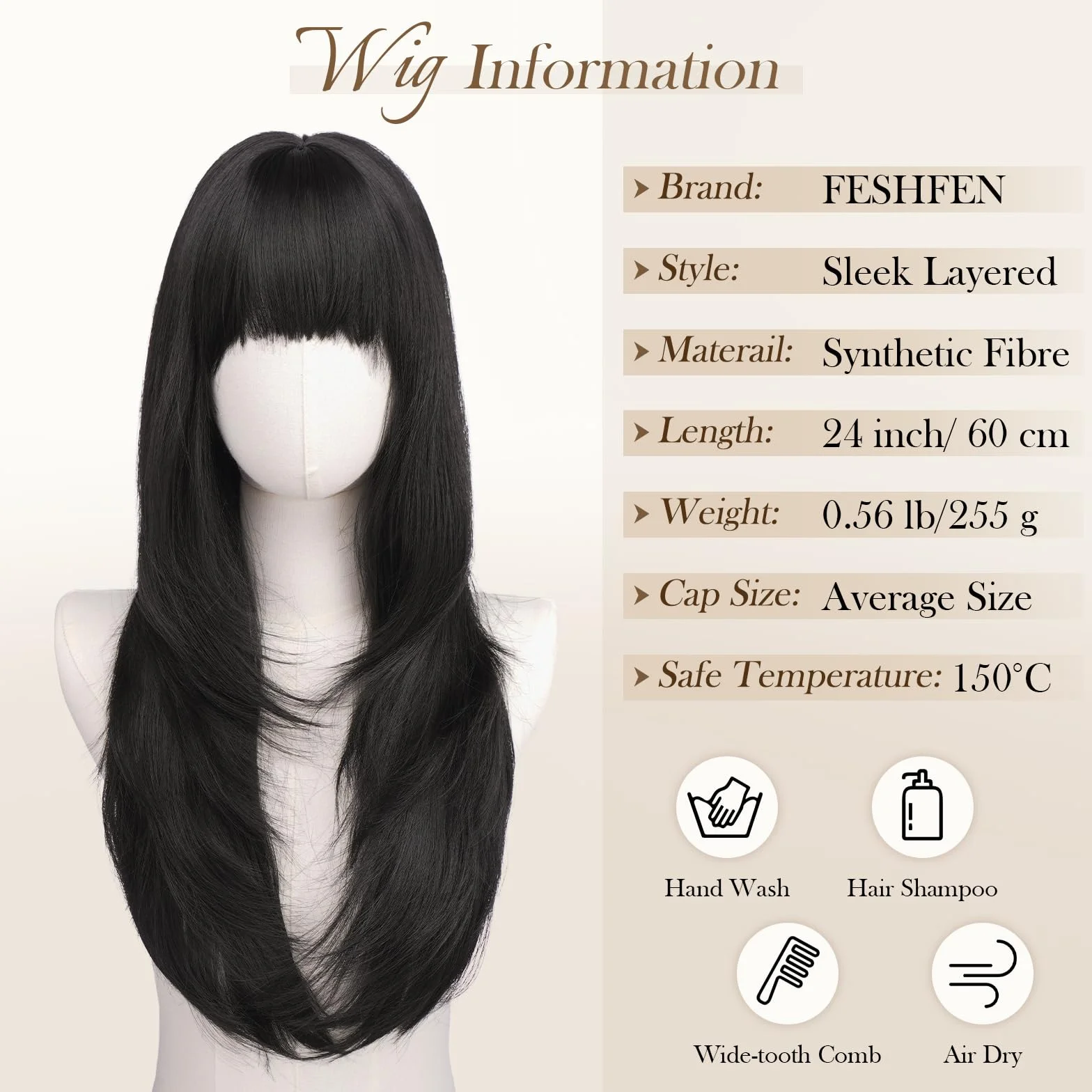 FESHFEN Peluca Liso con Flequillo Natural Larga Sintética 60 cm Negra