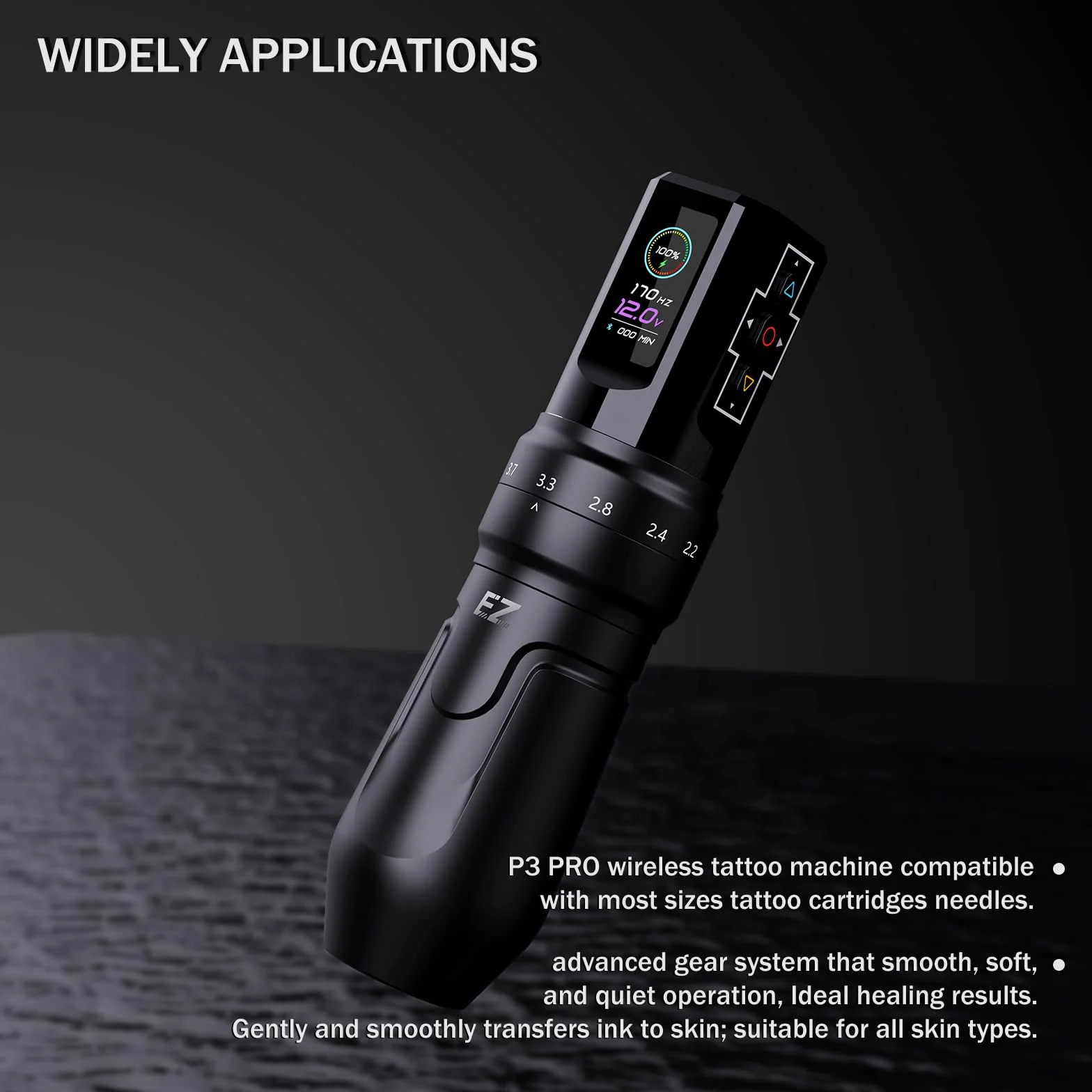 EZ Maquina Tatuar - 6 Strokes 2.0, 2.4, 2.8, 3.3, 3.7, 4.2mm Bluetooth Máquina de Tatuar Inalámbrica con Pantalla Digital OLED Batería de 1600 mAh Tattoo Gun (P3 Pro Negro Brillante)