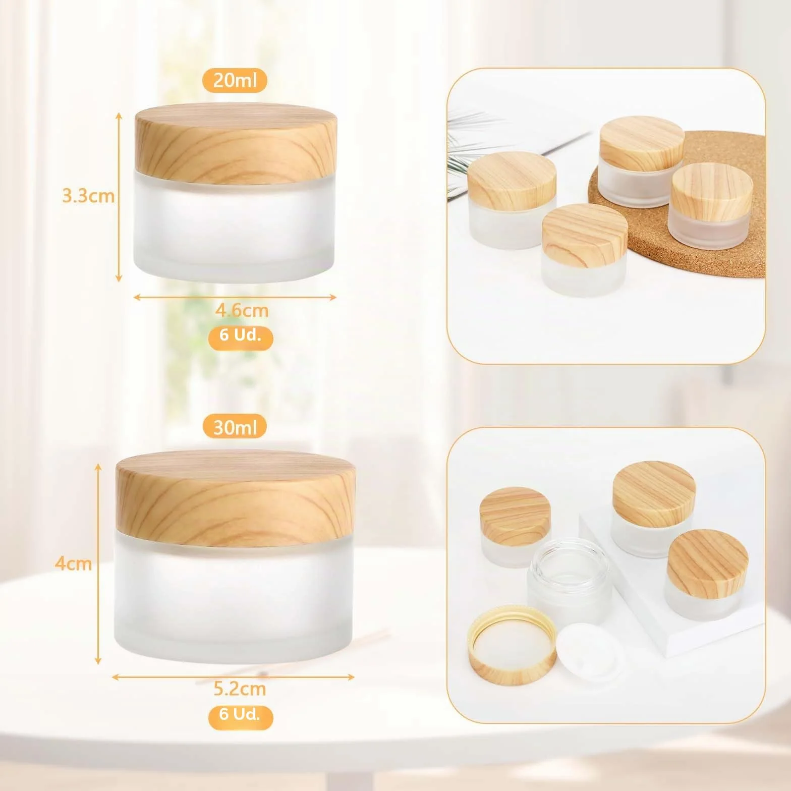 Frasco de vidrio esmerilado 12 piezas 20 ml 30 ml con tapa de veta de madera para cremas lociones maquillaje