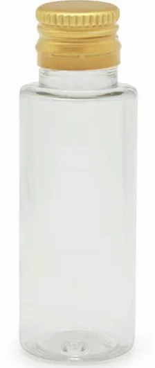 Botella cilíndrica PET con tapón rosca dorado | Envase mini ideal para muestras y esencias aromáticas. Set cosmético creativo. Uso múltiple.
