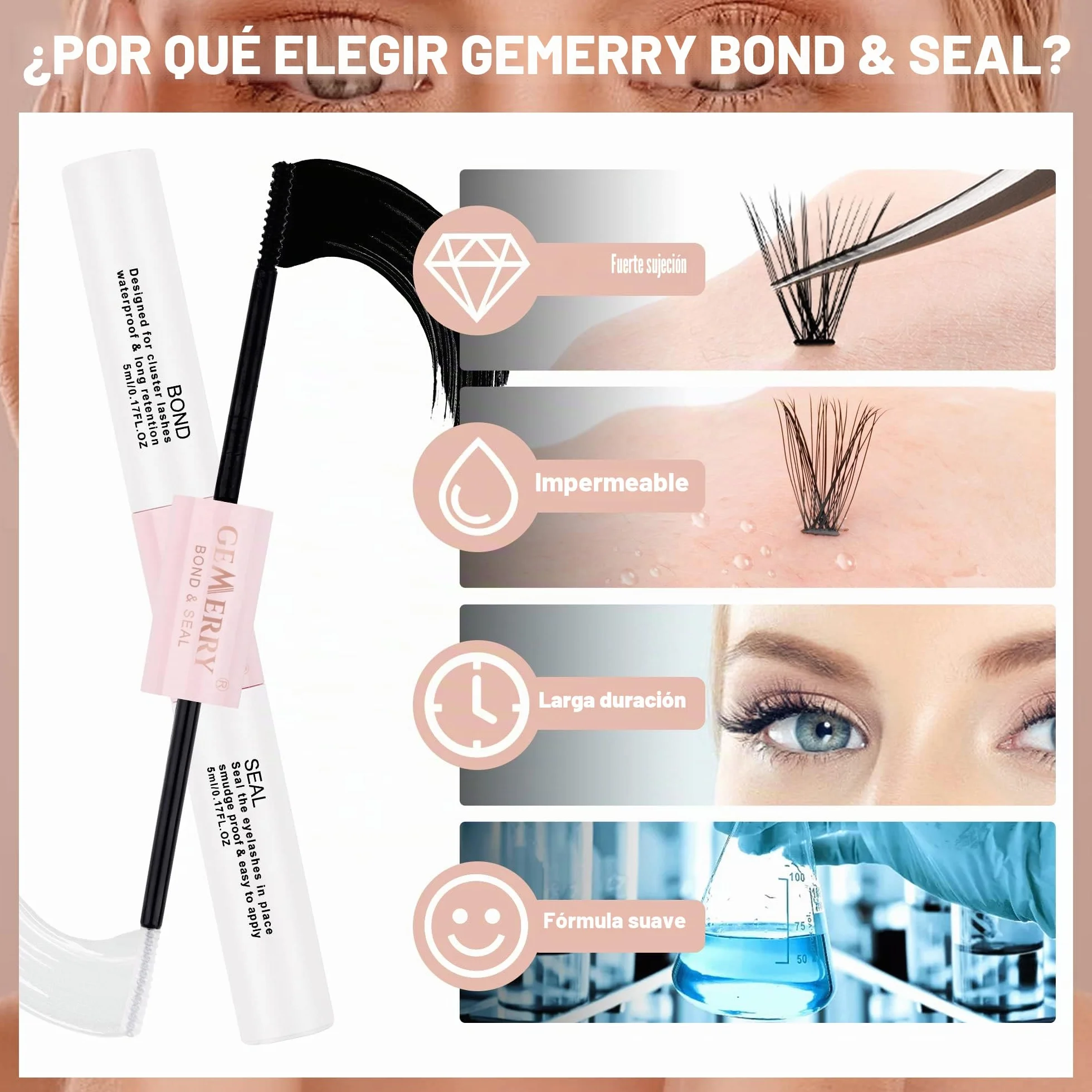 Gemerry Pegamento Pestañas Lash Bond and Seal 2 en 1 5ml+5ml Cluster para Extensiones