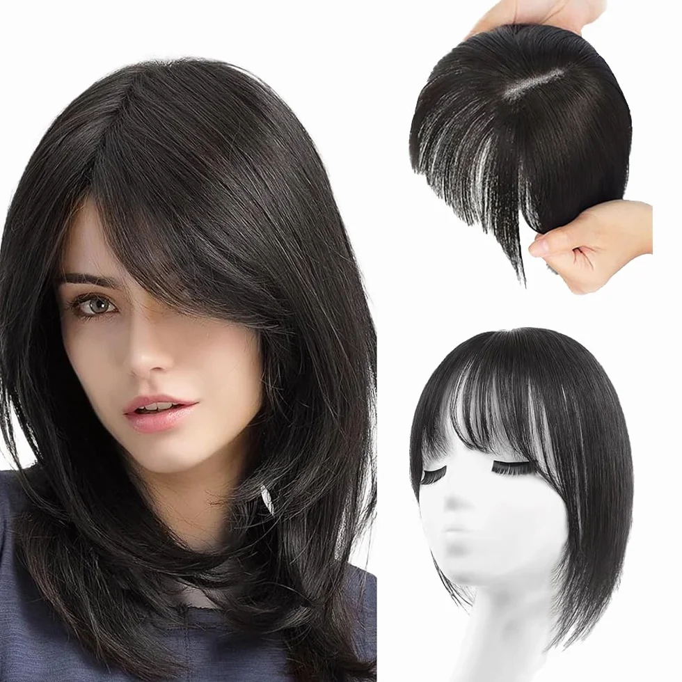 Flequillo Postizo Pelo Natural Clip Humano Cabello Extensión Aire con Flecos Negro Natural