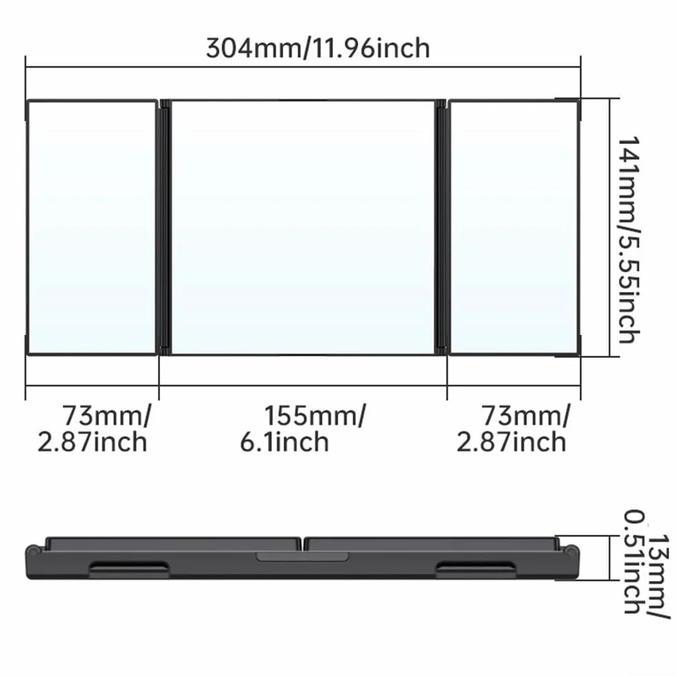 Honseadek Espejo plegable de 3 vías, rotación 360°, ABS y vidrio, negro