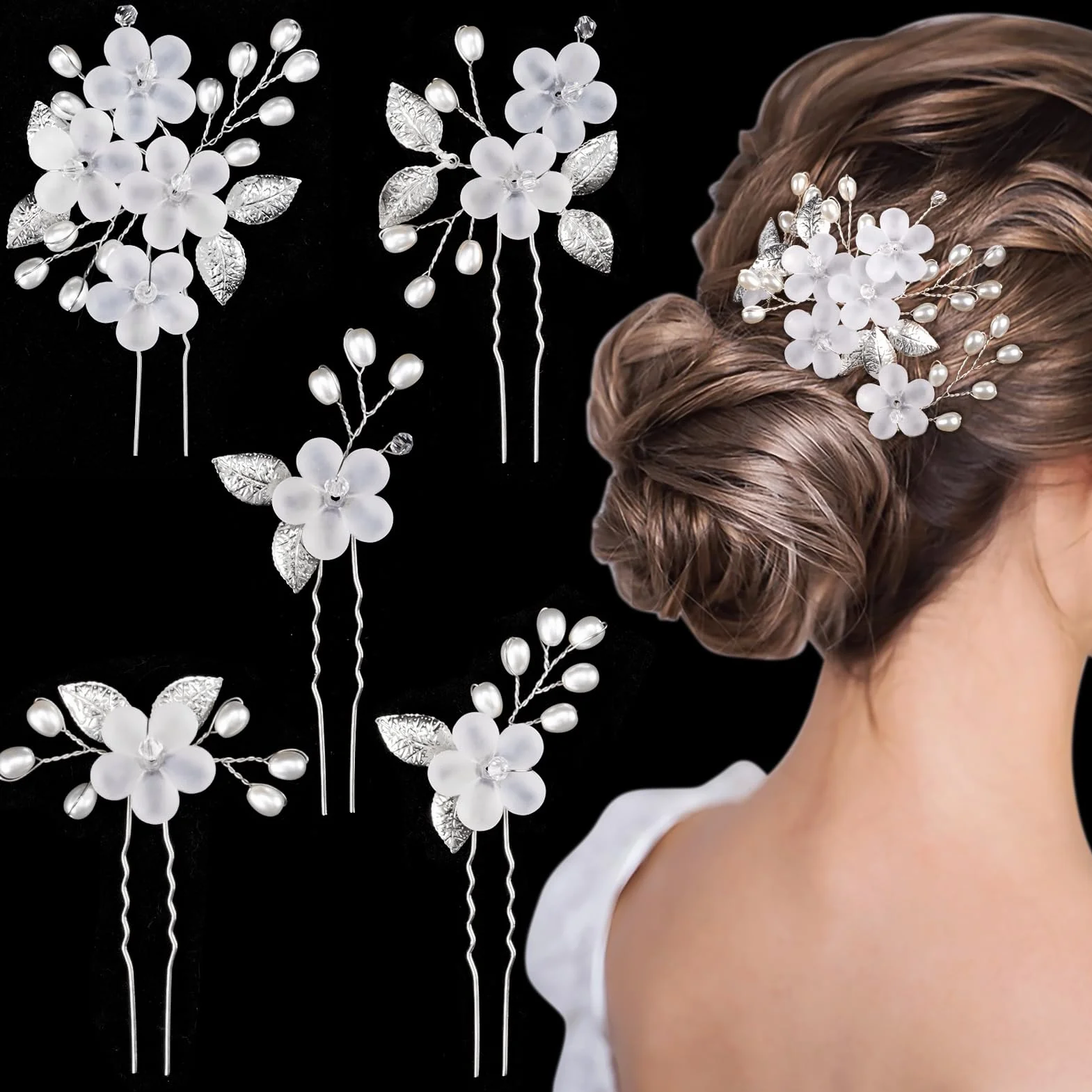 MELLIEX 5 Piezas Horquillas para el Pelo Boda Perlas Artificiales Flor Tocados Novia Accesorios Plata
