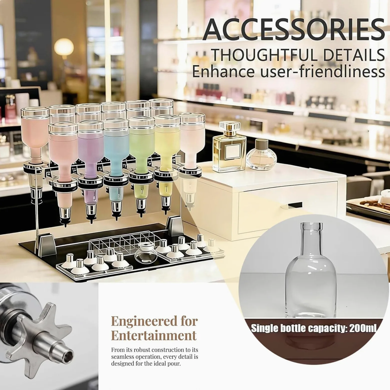 Máquina De Llenado Manual De Perfumes con Frascos De 200 Ml: Control De Flujo Preciso, Expositor para Probadores De Perfumes, Vasos De Prueba Incluidos. Ideal para Tiendas, Bares 8heads