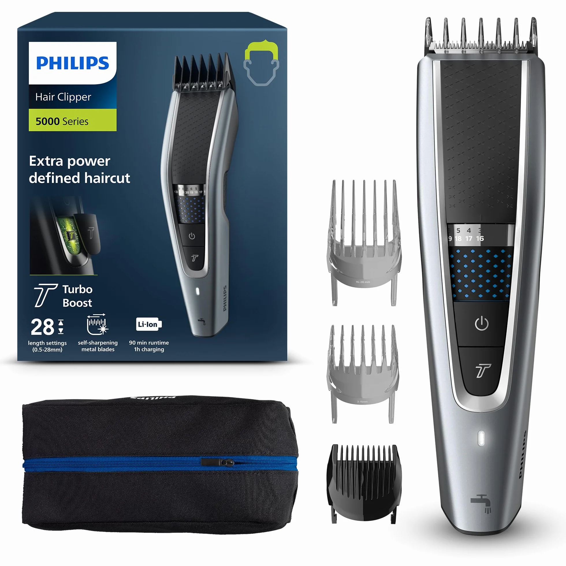 Philips Serie 5000 HC5630/15 Cortapelos 28 Ajustes Longitud 90 Min Uso Sin Cable 3 Peines-Guía