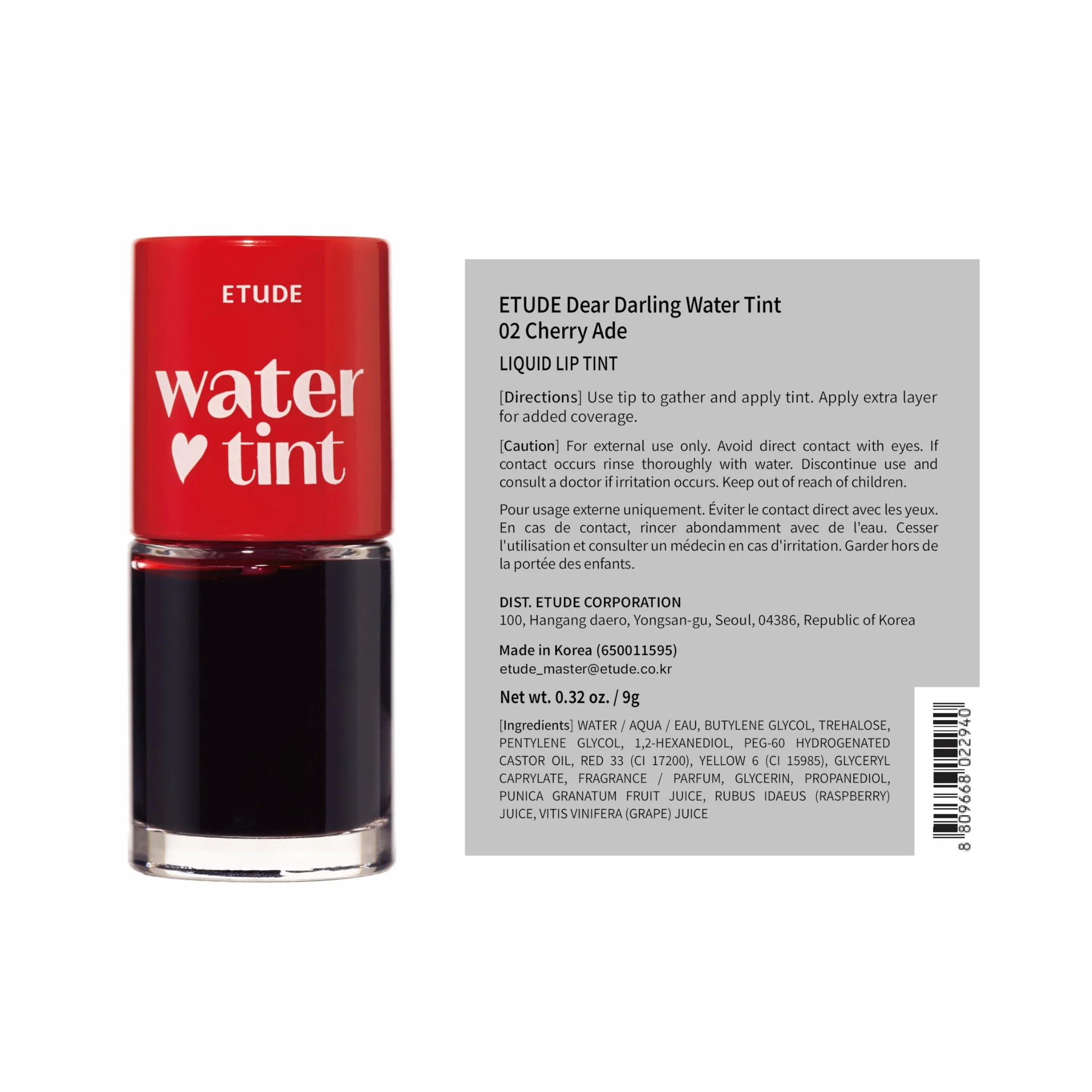 Etude House Dear Darling Tinte de Agua Cherry Ade (21AD) | Tinte de Labios Hidratante, Ligero y a Prueba de Manchas | K-Belleza