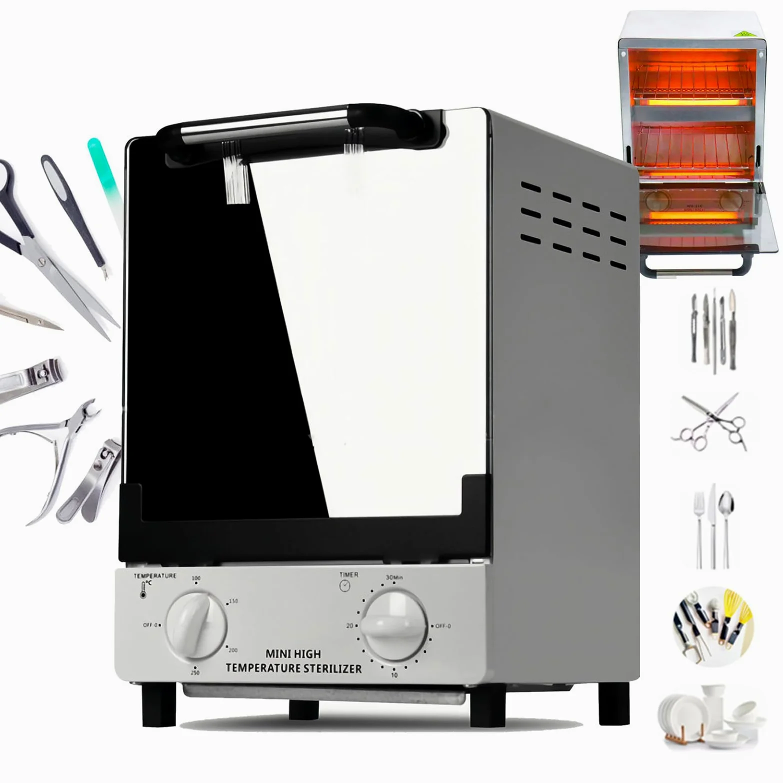 Esterilizador de alta temperatura para herramientas de uñas, esterilizador de calor seco de doble capa de 1000 W, capacidad de 12 litros, 100-250 ℃ con temporizador de 30 minutos para médicos