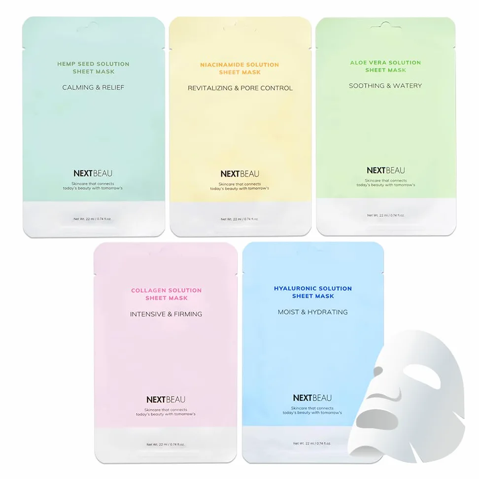 NEXTBEAU Paquete de 20 mascarillas de solución de 5 tipos x 4 unidades de aloe, niacinamida, colágeno, semillas de cáñamo, ácido hialurónico