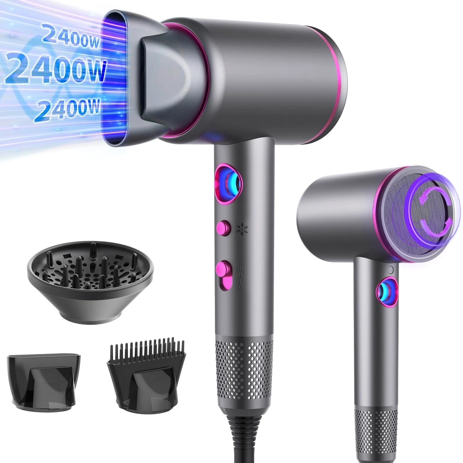 Secador De Pelo Profesional, Secador Pelo Ionico, 2400W Secadores de Pelo Ionico, Motor AC Motor Secador Silencioso, Hair Dryer con 3 Accesorios, 3 Temperaturas/3 Velocidades