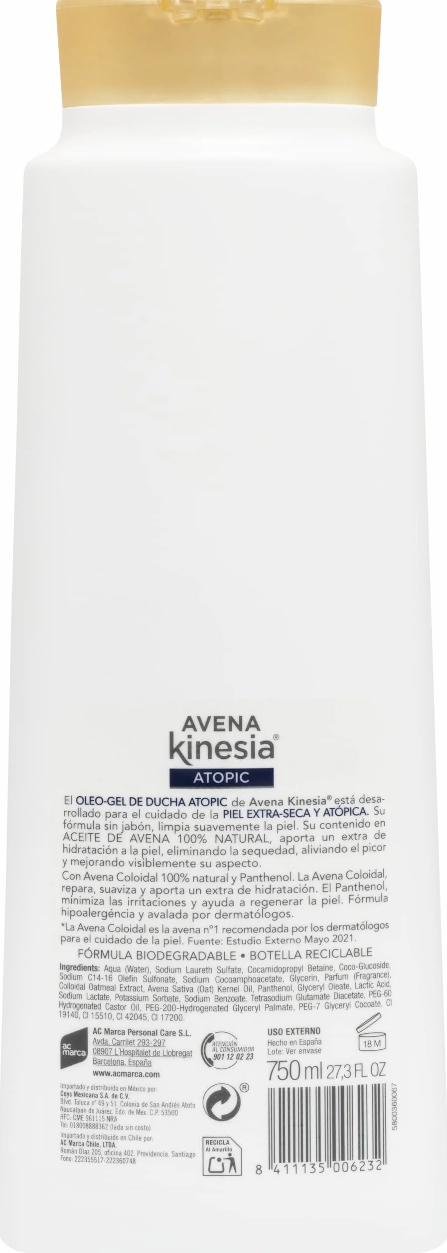 Avena Kinesia Oleo Gel de Ducha Sin Jabón 750 ml para Piel Extra Seca y Atópica