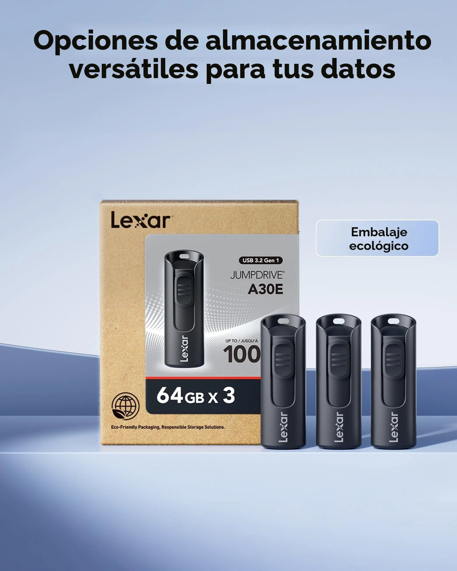 Lexar 64GB Pack de 3 Unidades Flash A30E USB 3.2 Gen 1 Unidad USB hasta 100MB/s