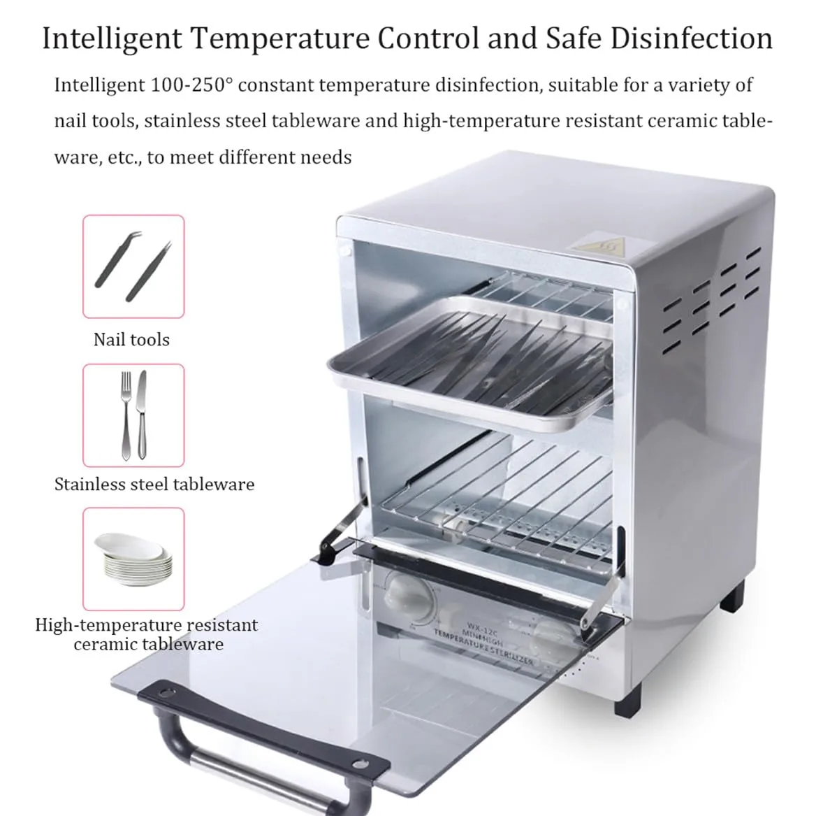Esterilizador de alta temperatura para herramientas de uñas, esterilizador de calor seco de doble capa de 1000 W, capacidad de 12 litros, 100-250 ℃ con temporizador de 30 minutos para médicos