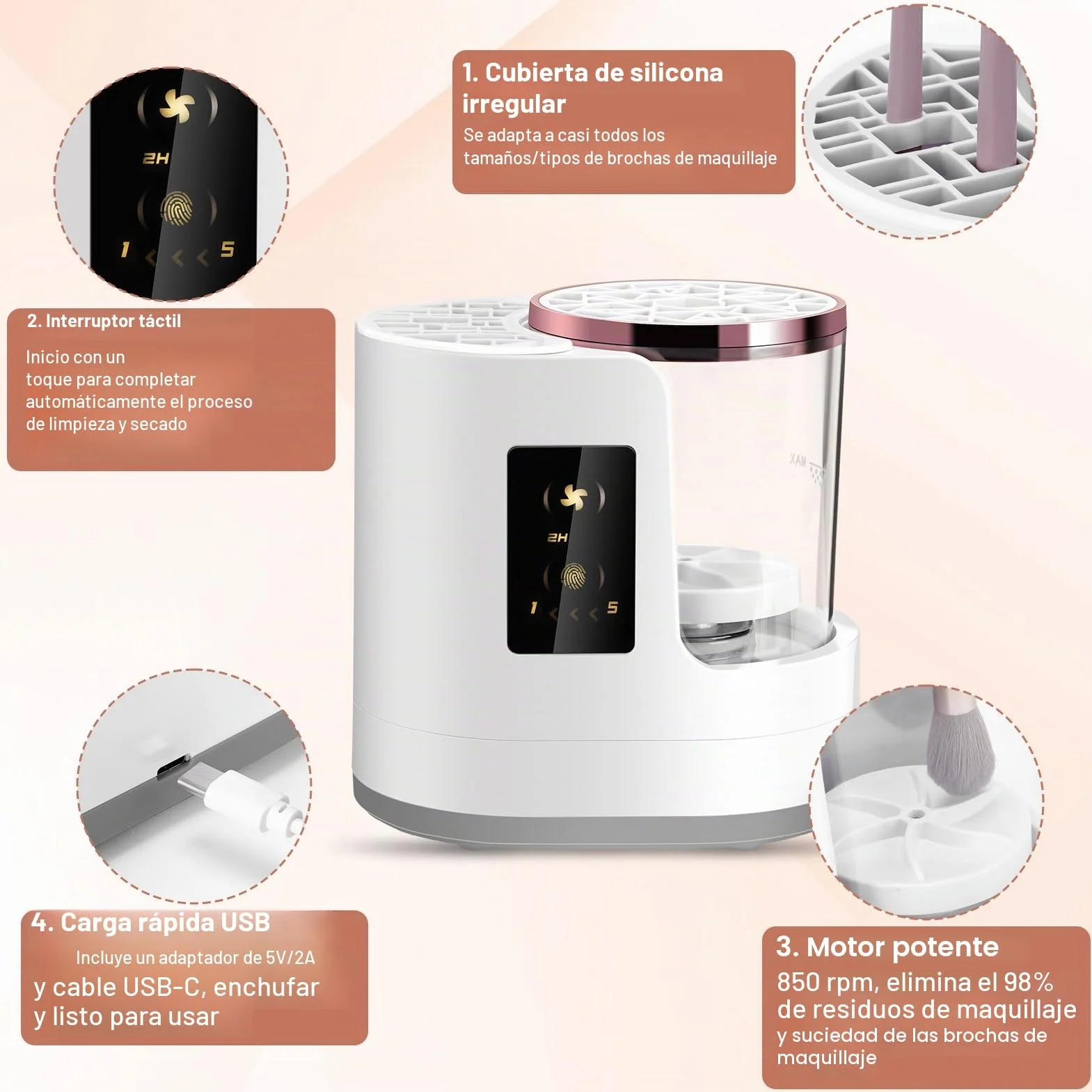 Limpiador automático de brochas de maquillaje 3 en 1 con secado y almacenamiento