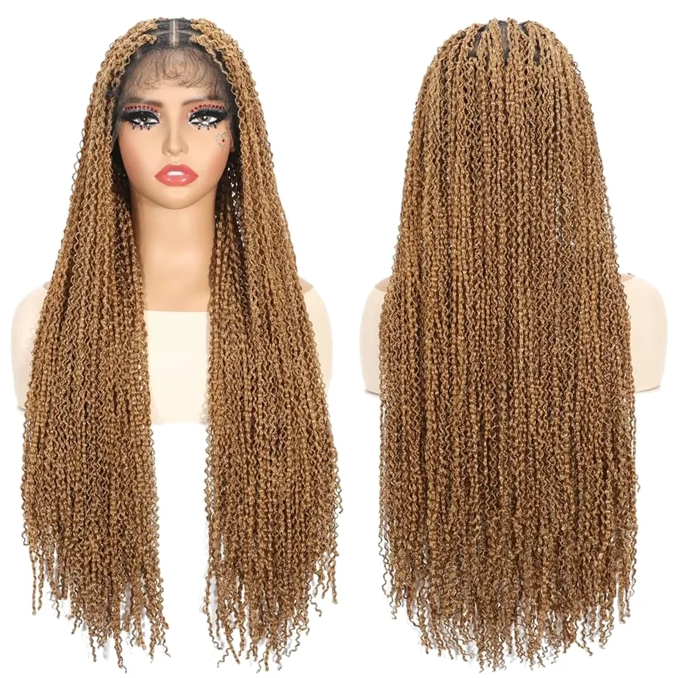 Pelucas trenzadas boho sin nudos, peluca trenzada sintética larga con frente de encaje HD de 13x4 '' for mujeres(Brown,20 inch)