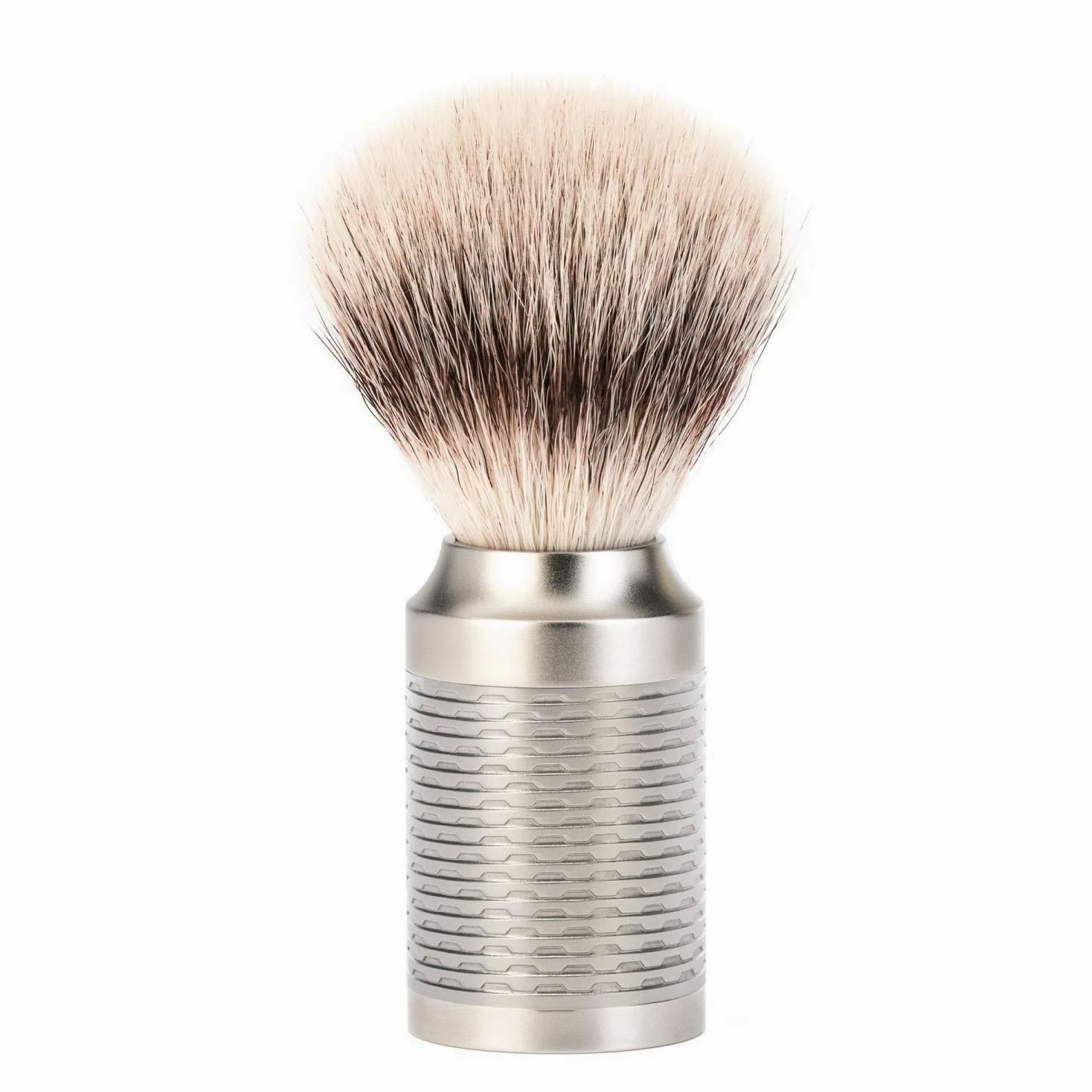 MÜHLE - Brocha de Afeitar Fibra de Acero Inoxidable Mate "Punta Plata"
