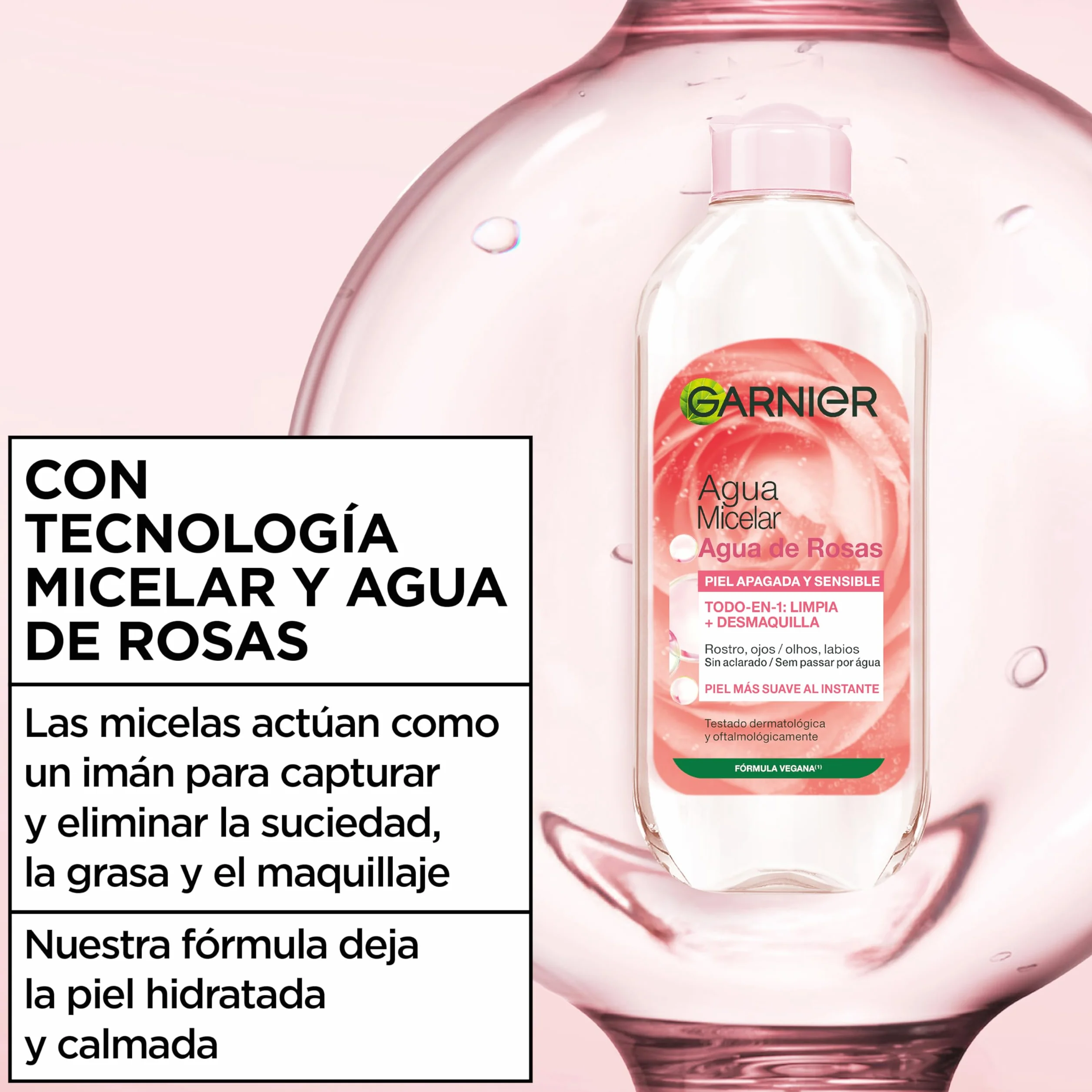 GARNIER Skin Active Agua Micelar Agua de Rosas 400ml Desmaquillante Limpiador Iluminador