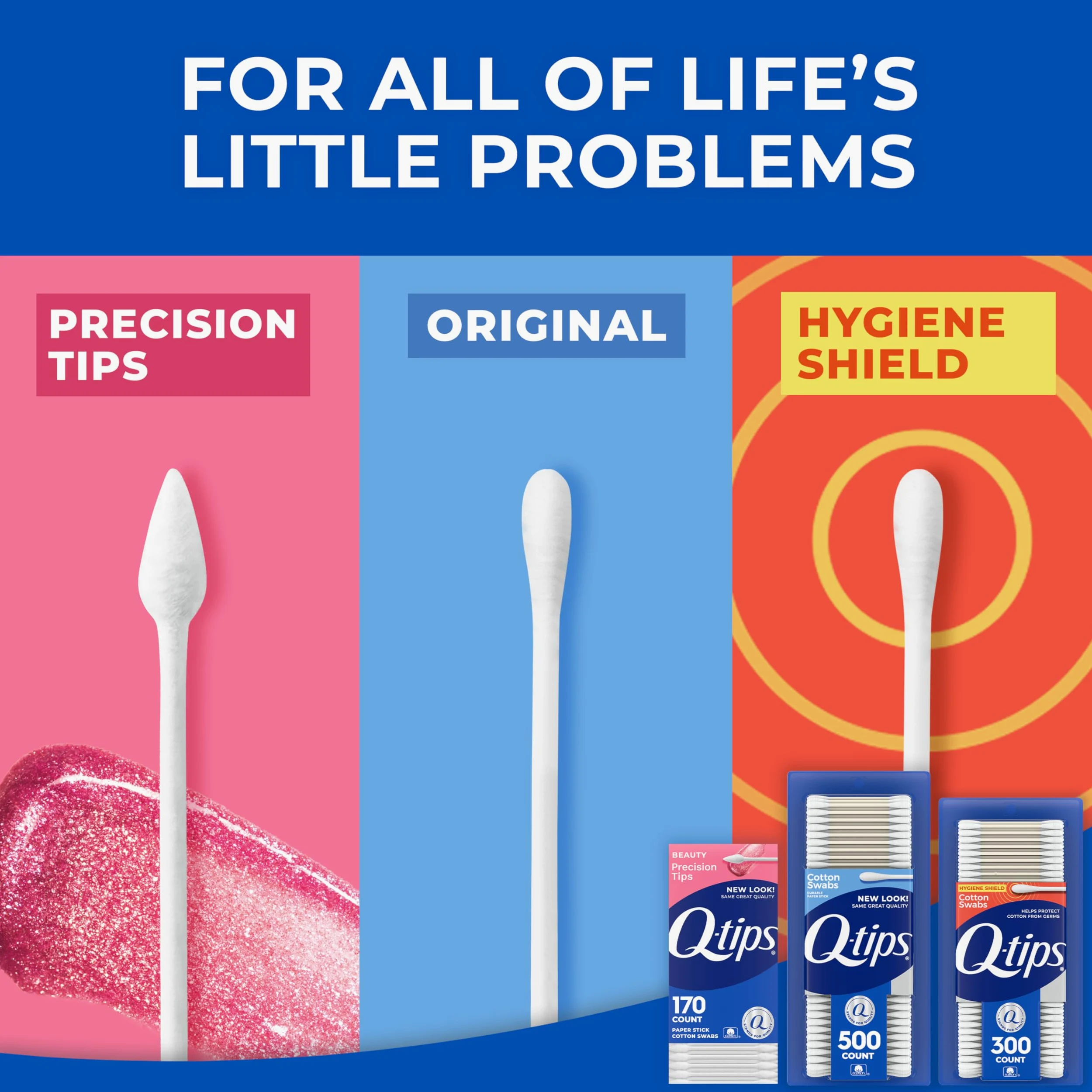Q-tips Bastoncillos de algodón, paquete variado, original, escudo de higiene y consejos de precisión para el hogar, primeros auxilios y cuidado de belleza, hechos con 100% algodón, 1140 unidades