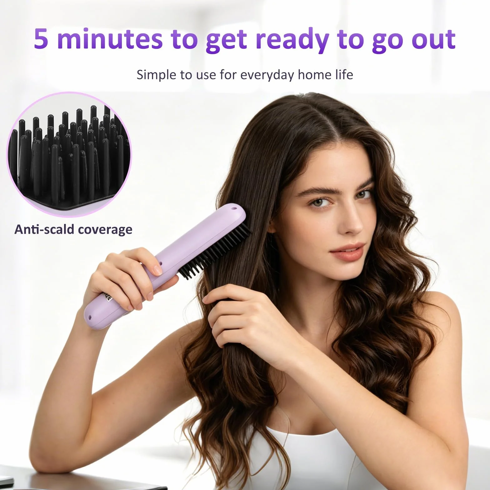 Cepillo Alisador Pelo Inalámbrico Recargable USB 4 Temperaturas 140-200°C Portátil Viaje Morado