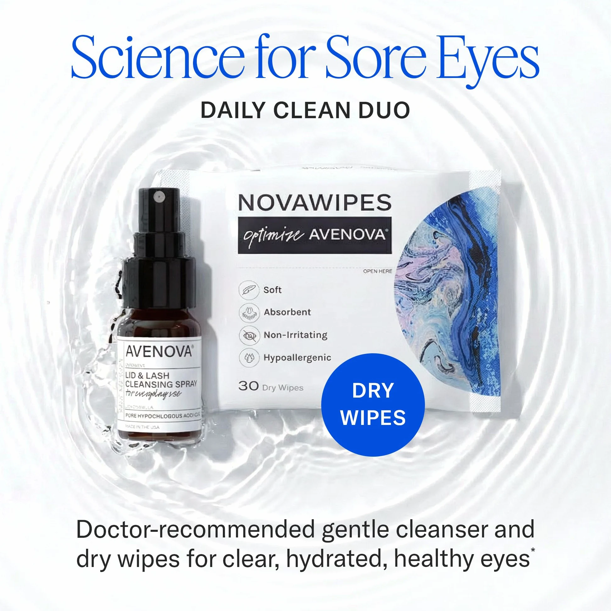 Avenova Spray limpiador de párpados y pestañas con toallitas secas, dúo de limpieza diaria con spray suave y puro ácido hipocloroso y toallitas para párpados para irritación ocular, botella de vidrio