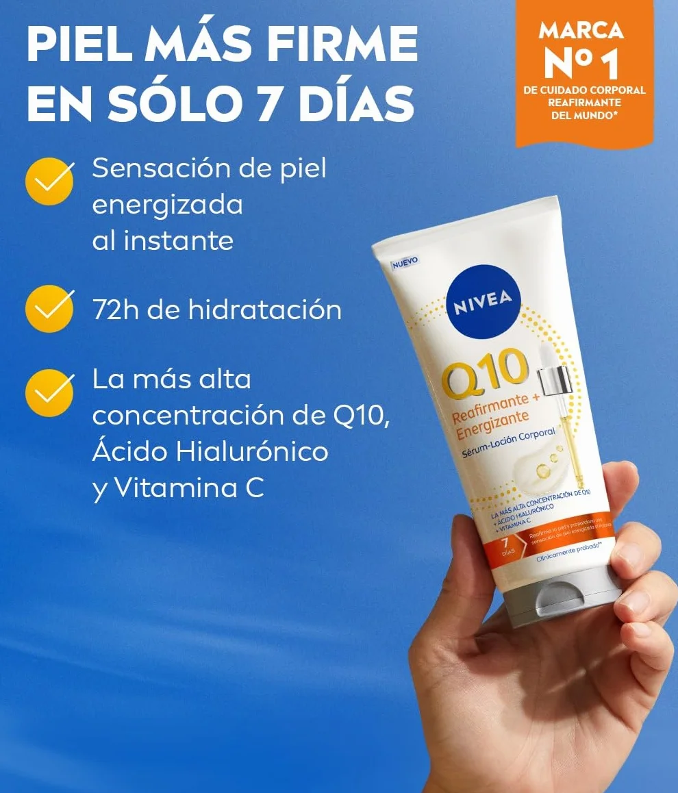 NIVEA Q10 Sérum Loción Corporal Reafirmante + Energizante 200 ml Crema Hidratante 72h con Vitamina C y Ácido Hialurónico