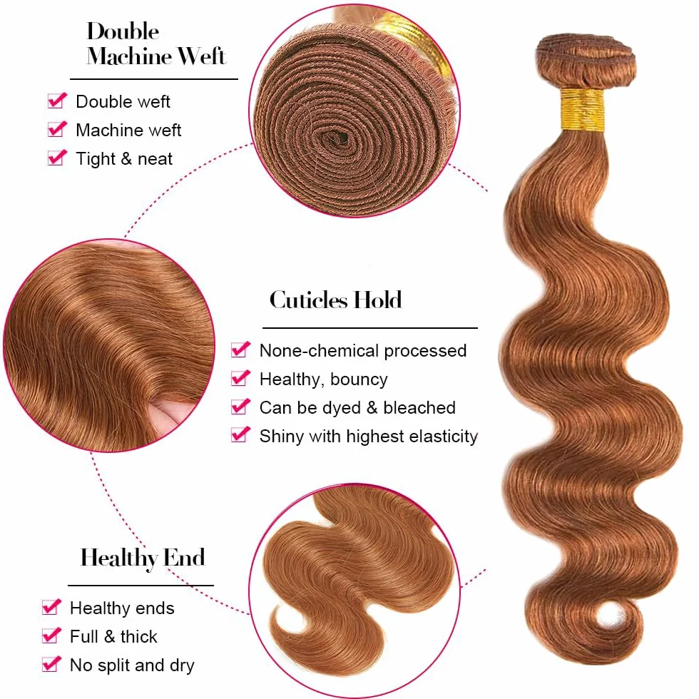 Extensiones de cabello humano de 28 a 30 a 32 pulgadas, cabello humano brasileño, sin procesar, tejido virgen brasileño, #30 marrón claro, 3 paquetes, total 150 g para mujeres