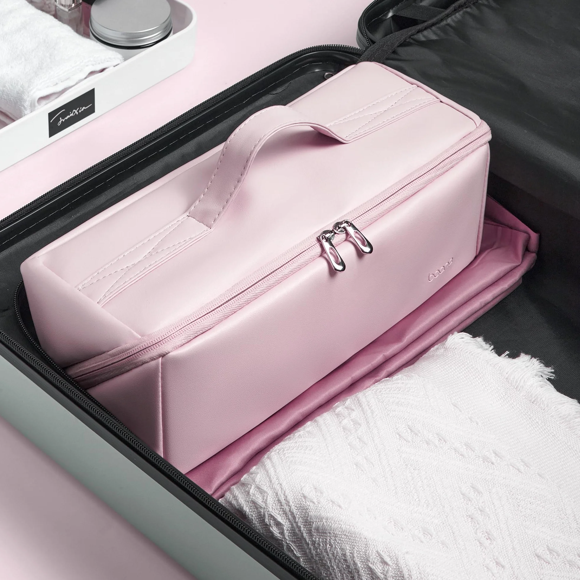Veki Bolsa de Viaje Portátil para Secador de Pelo, Almacenamiento Compatible con Dyson Airwrap, Supersonic y Shark, Funda Transporte Rosa