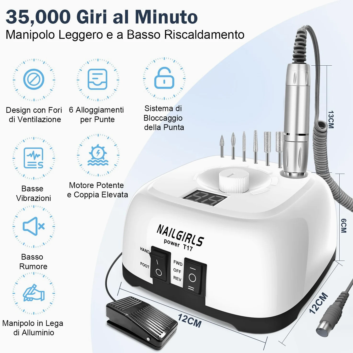 Torno de Uñas Profesional 35000RPM,NAILGIRLS 11 en 1 Torno para Uñas Acrilicas,Torno Electrico para Uñas con Pantalla y Pedal,Baja Vibración Torno Profesional para Uñas Tornos para Manicura y Pedicura