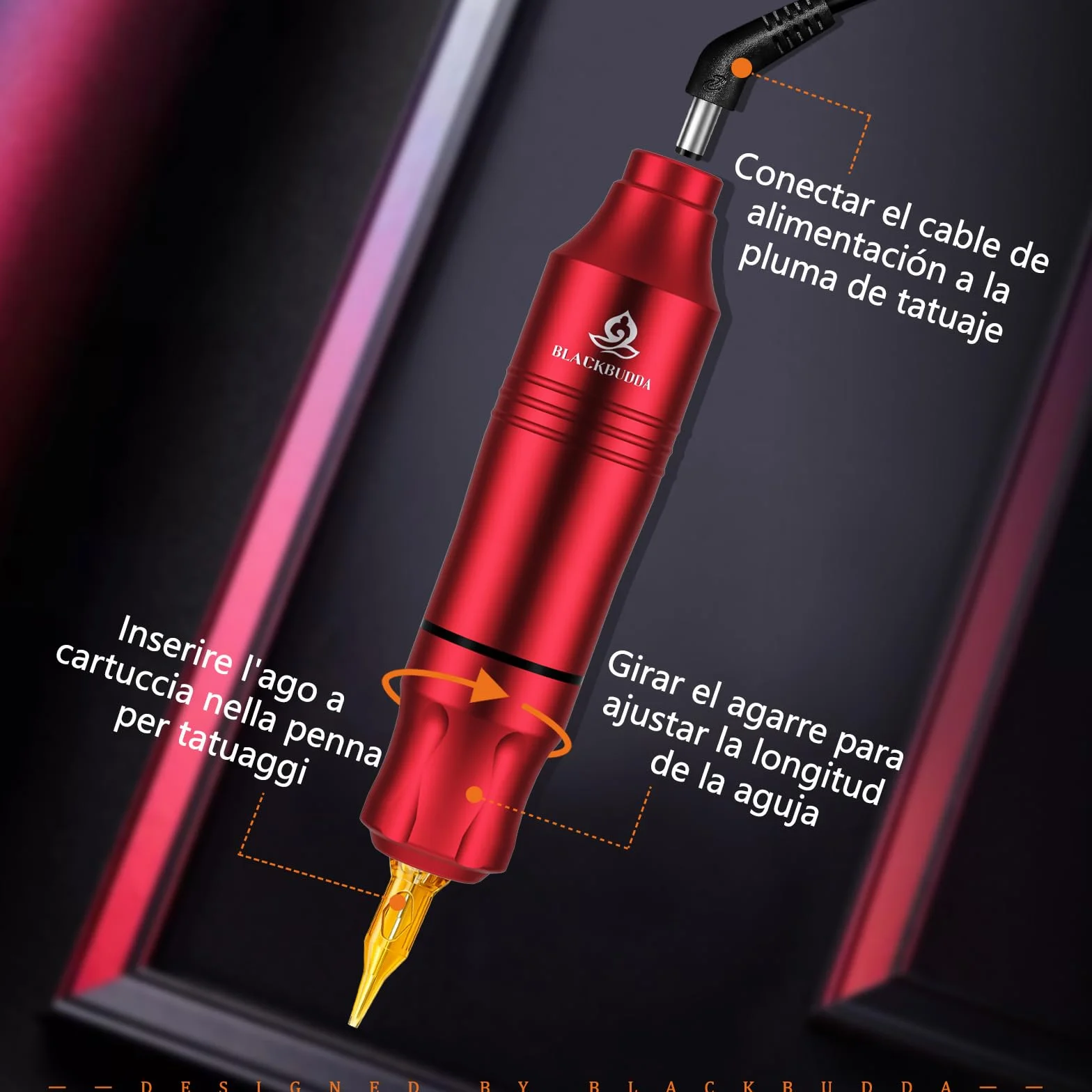 Blackbudda Maquina de Tatuar, Kit de máquina de tatuaje rotativa estilo pluma con suministro de energía, pedal y pigmento, 20pcs agujas de cartucho Kit de práctica de maquillaje (rojo)