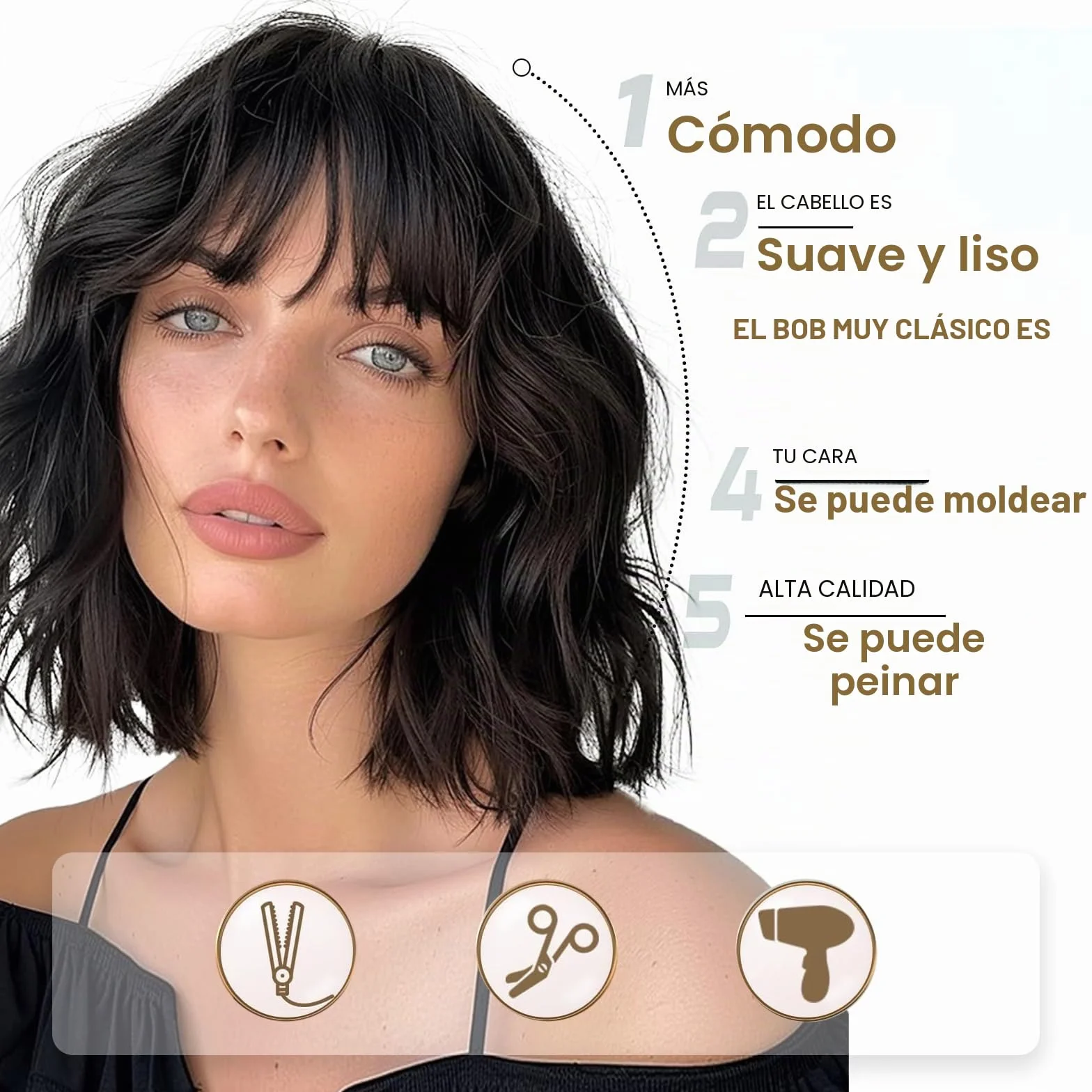 Peluca Corta Ondulada Negra con Flequillo Bob para Mujer, Pelo Sintético Rizado para Fiestas