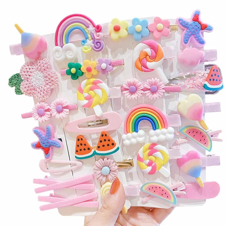 Pinzas para el Cabello Moda Niñas 28 Piezas Accesorios Flor Fruta Colorido Arco Iris Animal Clips de Metal (Rosa)