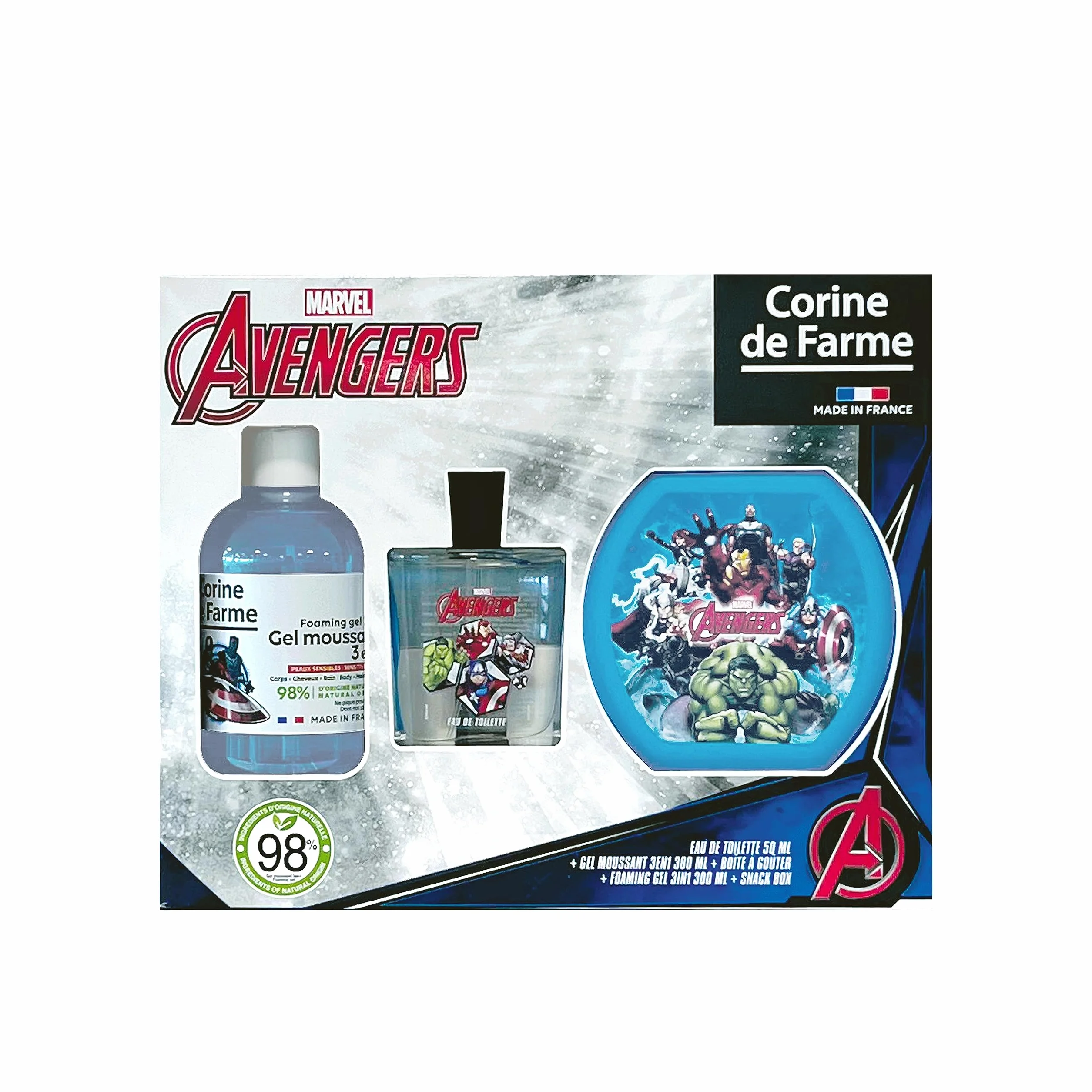 Corine de Farme Set Regalo Niño Los Vengadores Colonia 50ml Gel Ducha Baño 3-en-1 300ml Fiambrera Infantil Aroma Afrutado Manzana
