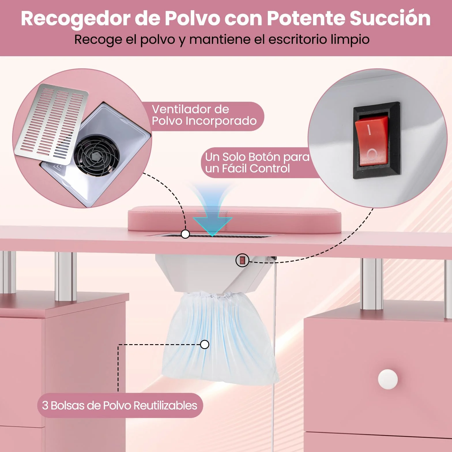 COSTWAY Mesa de Manicura con Aspirador Eléctrico, 3 Bolsas para Polvo, Reposamuñecas, 6 Cajones, Mesa para Uñas con 8 Ruedas, Mesa Manicura Profesional para Salones de Belleza, 108x45x76 cm (Rosa)