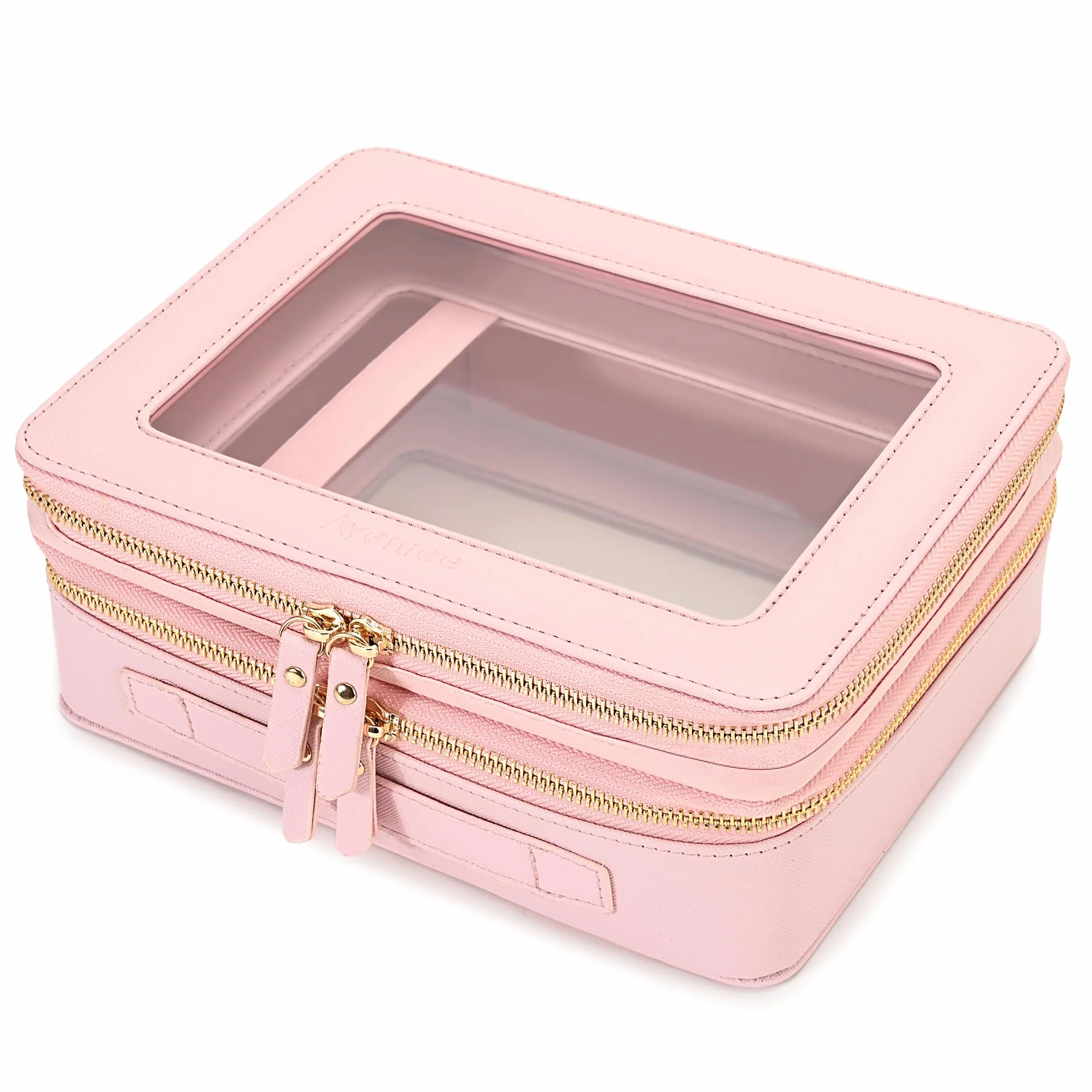 Aveniee Bolsas de maquillaje transparentes, neceseres de doble capa con compartimento separado para brochas, neceser de viaje para mujer, organizador de accesorios de viaje para bolso (2 capas, grande