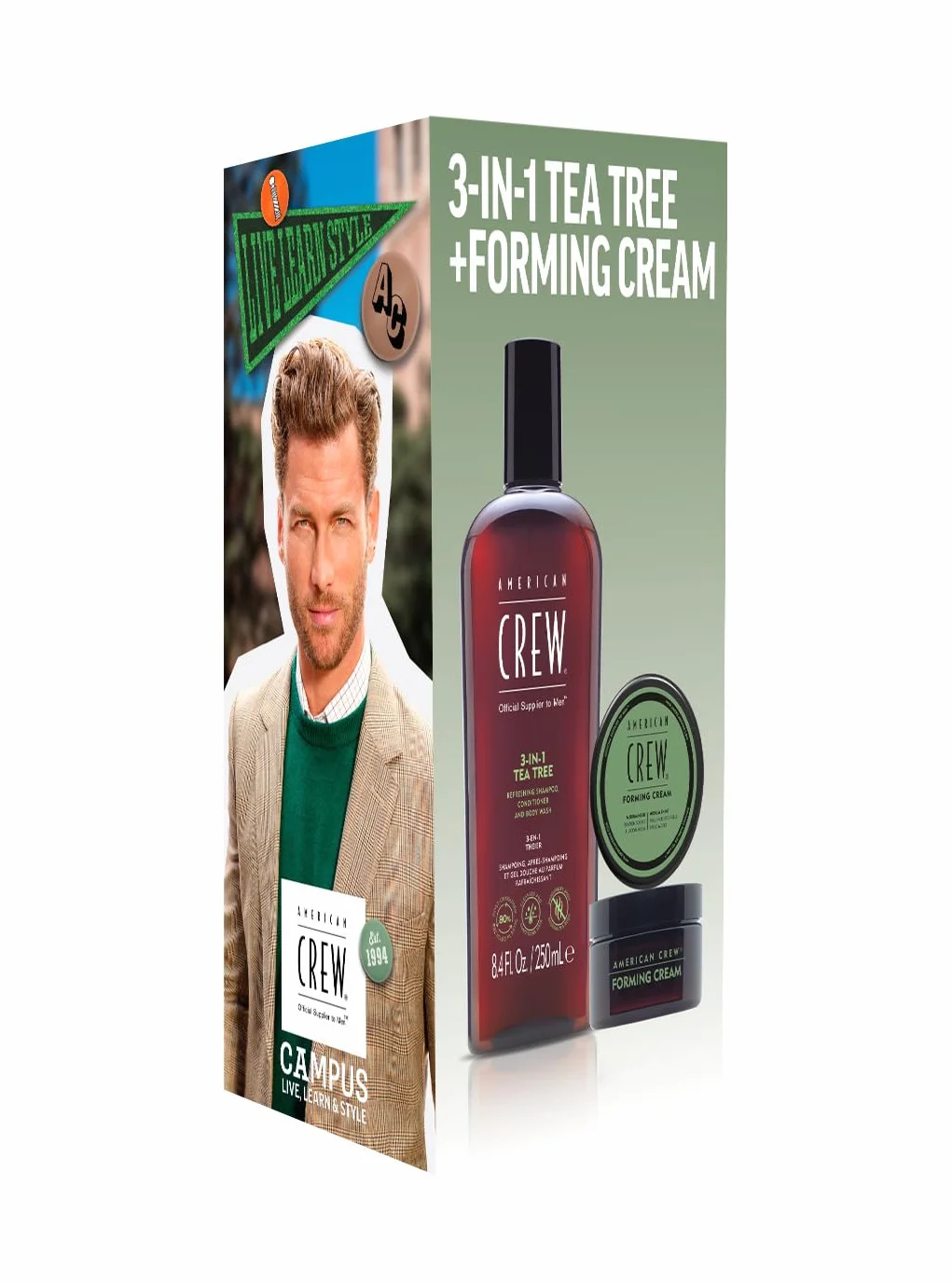 American Crew Holiday Duo Set: Shampoo 3-in-1 Tea Tree, Conditioner & Body Wash 250ml + Forming Cream 50g