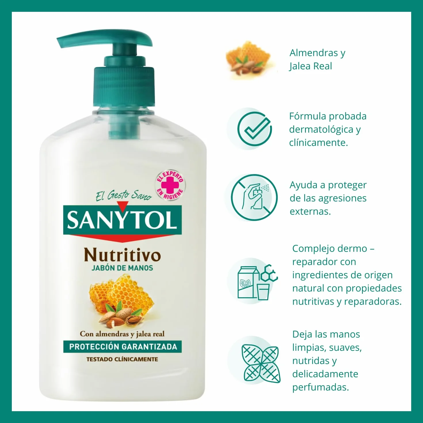 Sanytol Jabón de Manos Antibacteriano Nutritivo con Almendras y Miel, Pack 6 x 250 ml