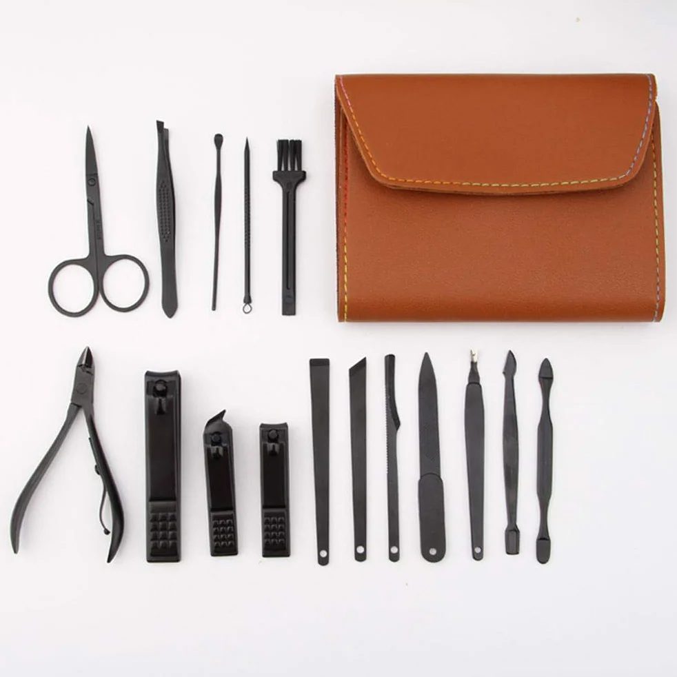 Juego de manicura, kit de cortaúñas profesional, herramientas de cuidado de pedicura de acero inoxidable con estuche de almacenamiento para hombres, mujeres, viajes y hogar-D_Juego de 16 piezas (azu